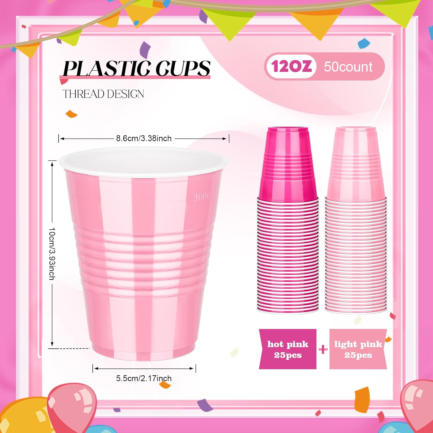 KesaPlan 50 PCS 12 OZ Plastic Cups, Party Cups Light Pink and Hot Pink Cups Disposable Drinking Cup Bulk For Bachelor Party Valentine's Galentine's Day Wedding Birthday Picnic Festive Celebrations - Image 3