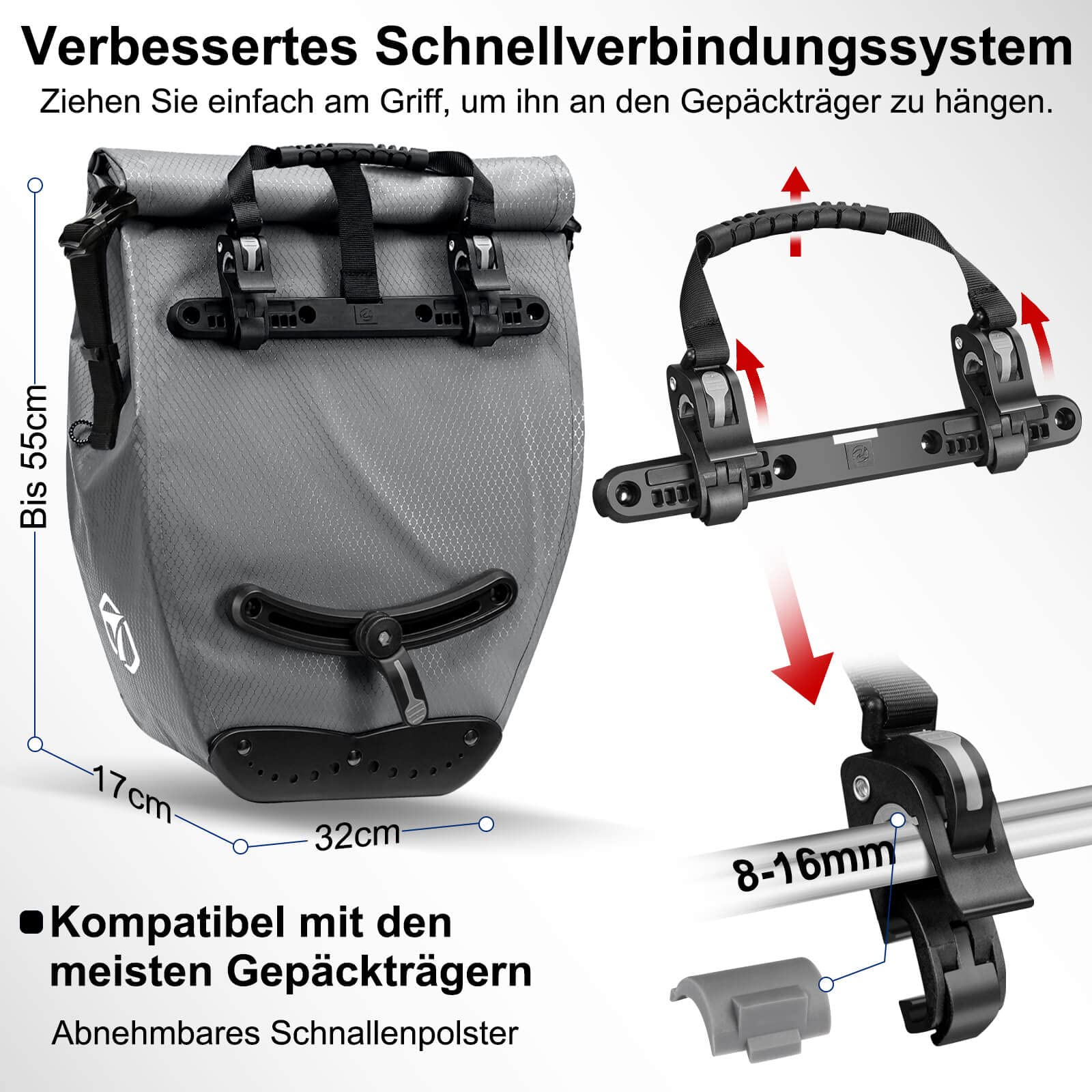 toptrek Borsa per bicicletta, impermeabile, 23-28 l, con catarifrangenti | Borsa da bicicletta per portapacchi con fibbia, borsa posteriore per bicicletta, borsa a tracolla (1 pezzo)