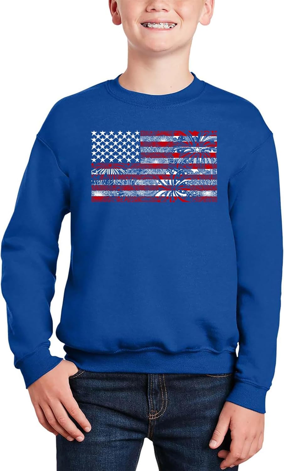 Fireworks American Flag - Boy's Word Art Crewneck Sweatshirt