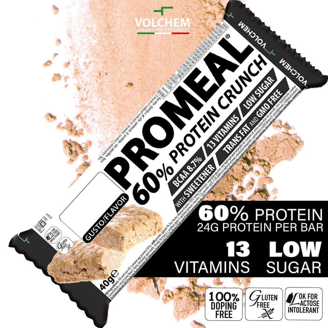Volchem Promeal Protein Crunch 60, Barretta Proteica al 60% di Proteine, con Carnitina, Creatina e Vitamine, Senza Grassi Idrogenati e con Pochi Zuccheri, Scatola da 20 Barrette, Gusto Vaniglia, 800 g