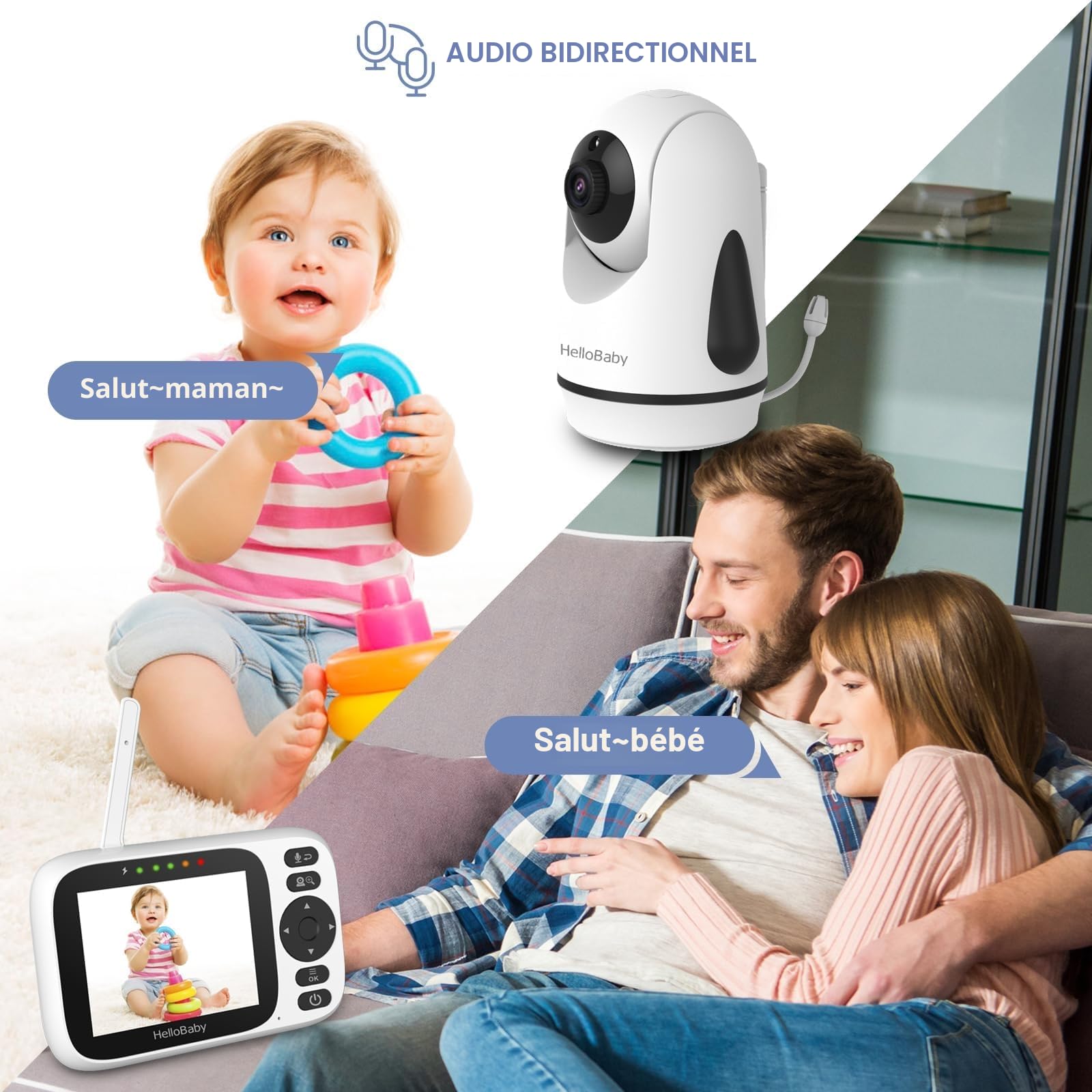 HelloBaby Babyphone Camera, 3,2’’ Écran IPS, Caméra de surveillance bébé, Babyphone sans WiFi, Audio bidirectionnel, Vision nocturne, ECO, Surveillance de température, 8 Berceuses, 305 mètres (HB6339)