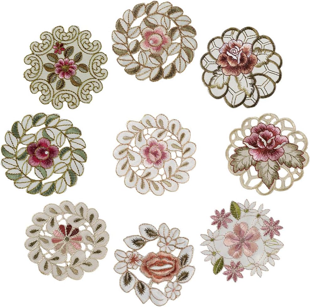 Soleebee Embroidered Flowery Round Coasters Table Placemats Cup Mat Set for Home, Wedding, Tabletop,Holiday Decoration - 4 Inches (Pack of 9)
