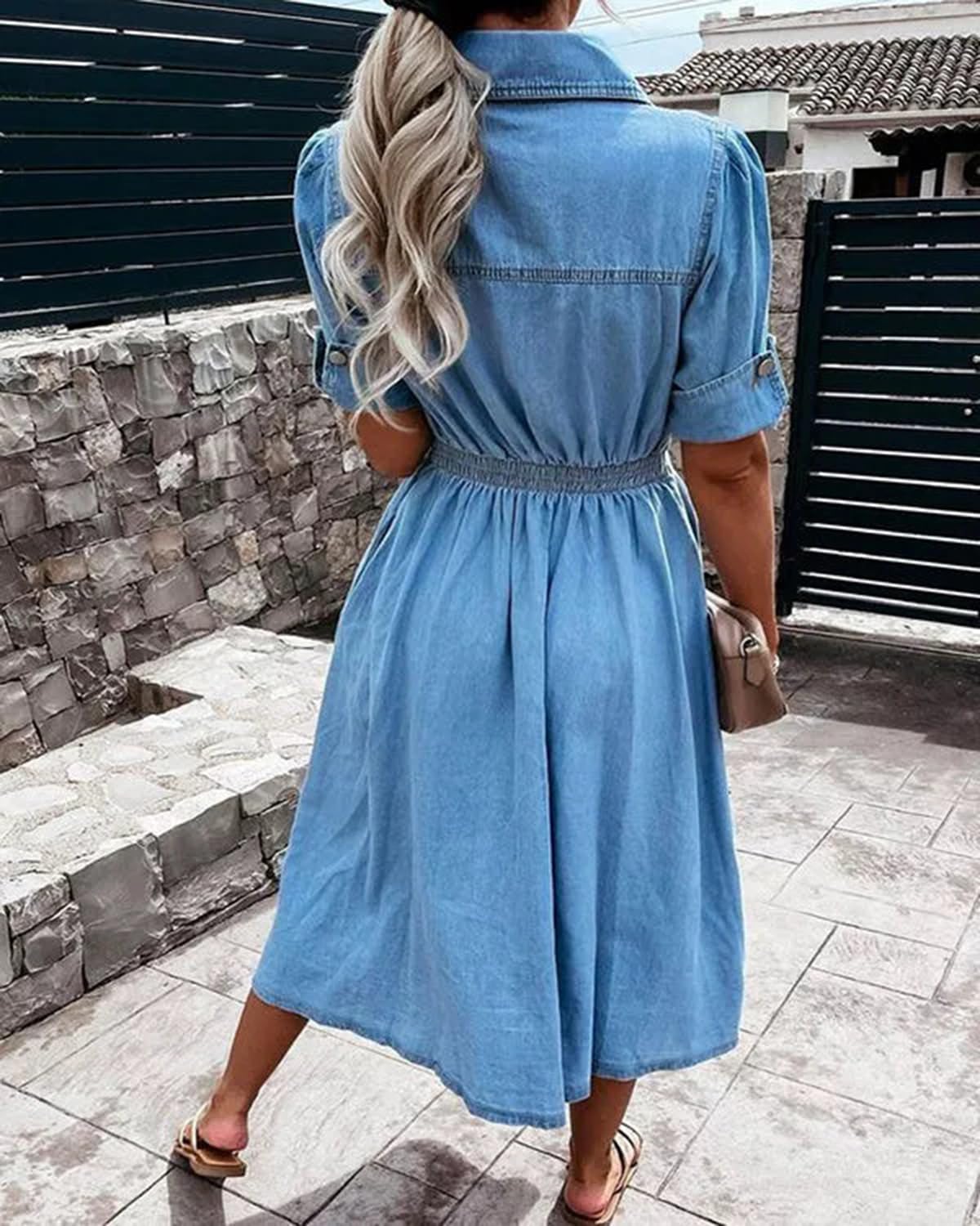 Cffvdiz Denimowa sukienka damska z krótkim rękawem Lapel Button Down Slim Fit Maxi Denim Jean Dress