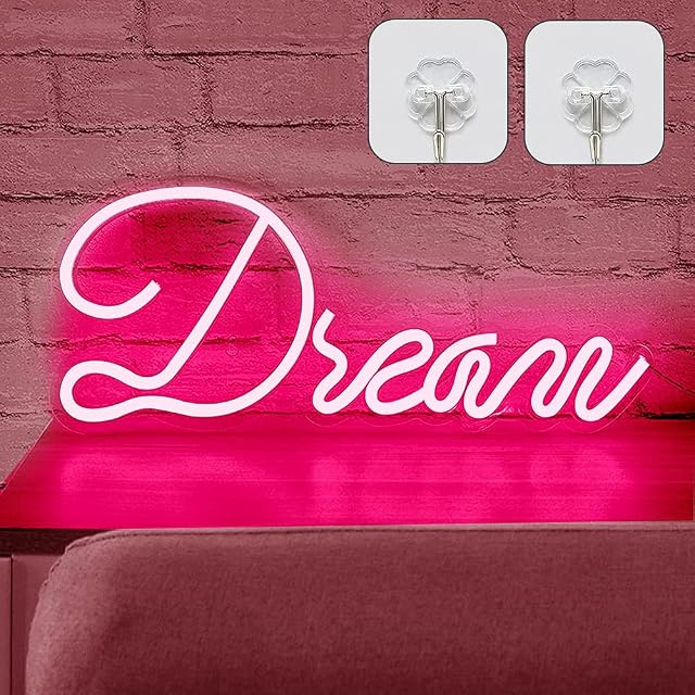 LED Neon Wall Signs Dream Lights Wall Decor, with 2PCS Hooks 5 V Neon Sign Festival Light for Christmas Home Decoration, Bar, Bedroom, Coffee Shop (Pink)