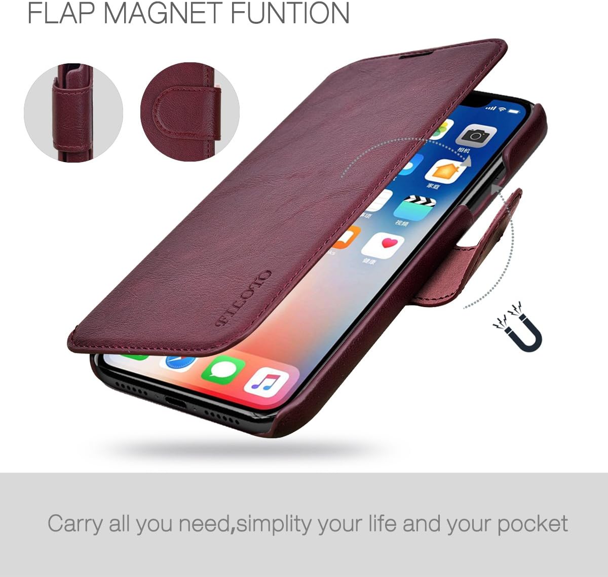 Filoto iPhone X Wallet Case, iPhone X Case, Premium PU Leather Wallet Case with Card Holder/Magnetic Closure Flip Cover for Apple iPhone X/X iPhone 10 (Wine Red)