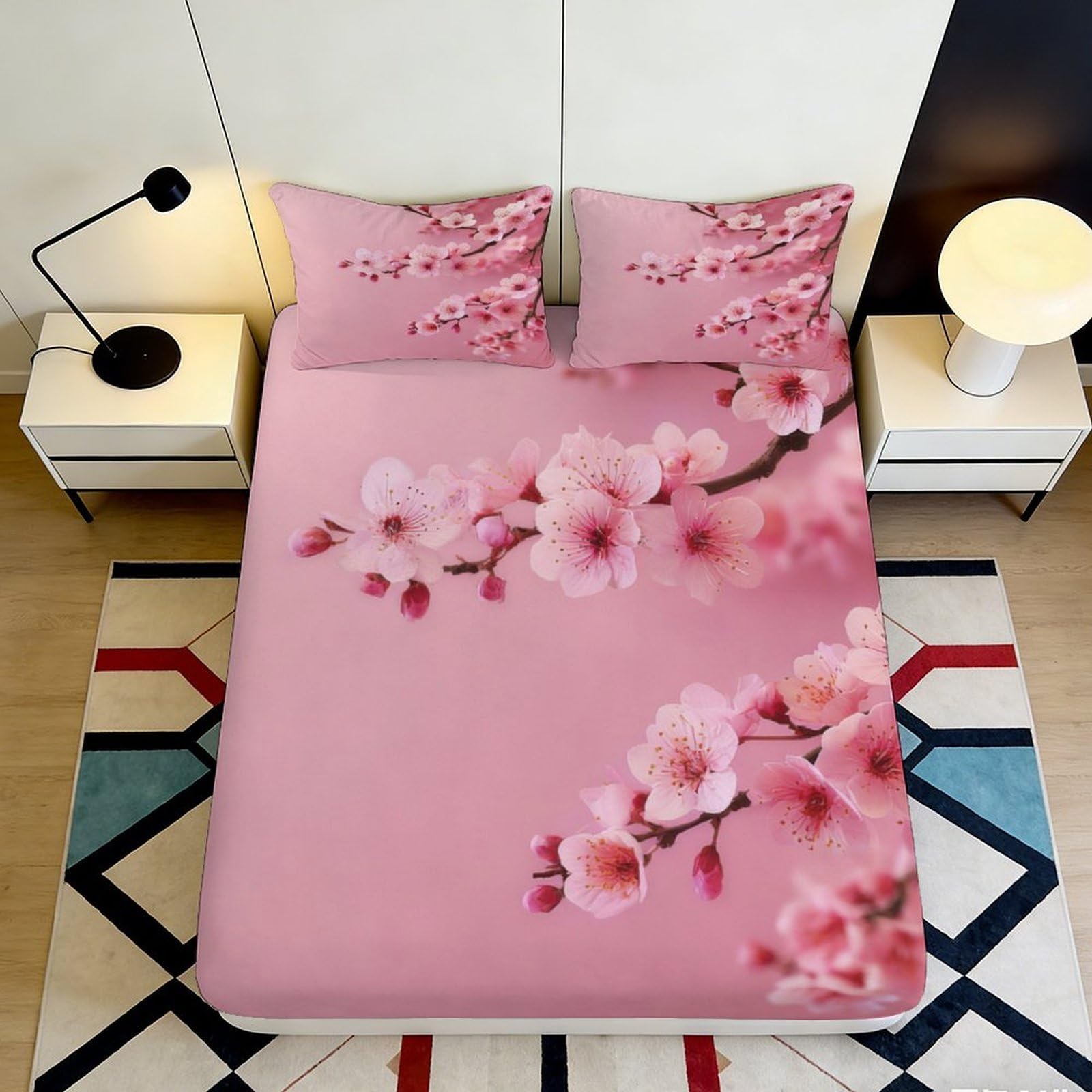 3D Printed Sakura Blossom Fitted Sheet Microfiber Pink Floral Plum Mattress Cover for Bedroom Dorm Decorative Protection 90x200x25cm