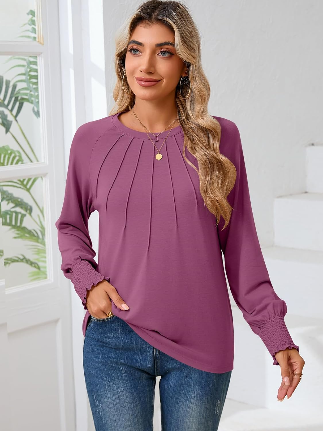 Women's Tops Dressy Casual Long Sleeve Pleated Shirts Crewneck Loose Basic T-Shirt Blouses 2024 Trendy Fall Clothes - Image 2