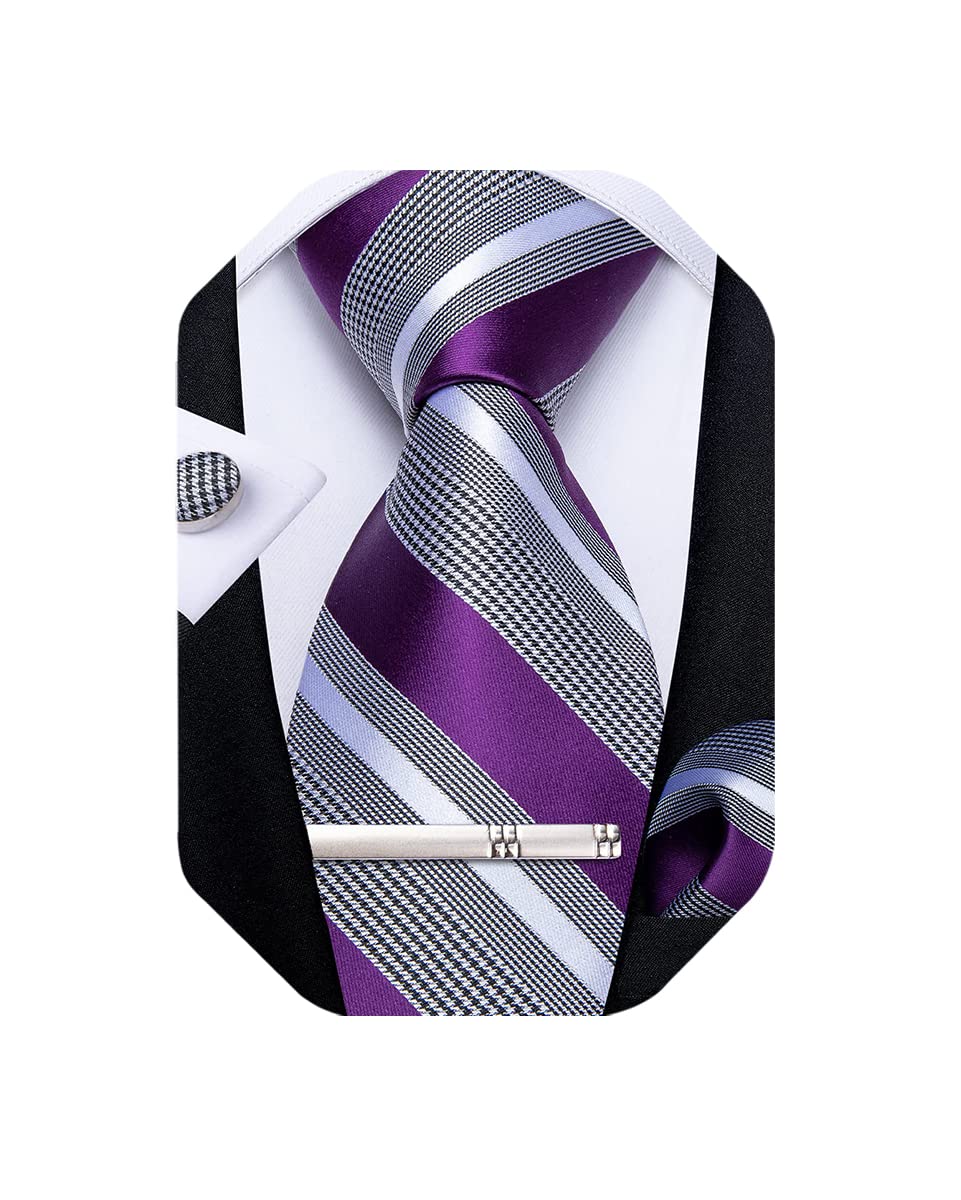 DiBanGu Mens Striped Tie Silk Woven Necktie and Pocket Square Cufflinks Tie Clip Set Wedding Business Formal Gift Tie for Men