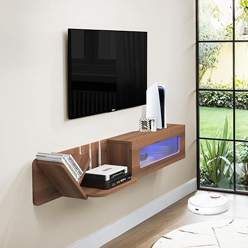 Pmnianhua Soporte de TV flotante rústico con luces LED, consola multimedia montada en la pared de 59 pulgadas, centro de entretenimiento flotante,
