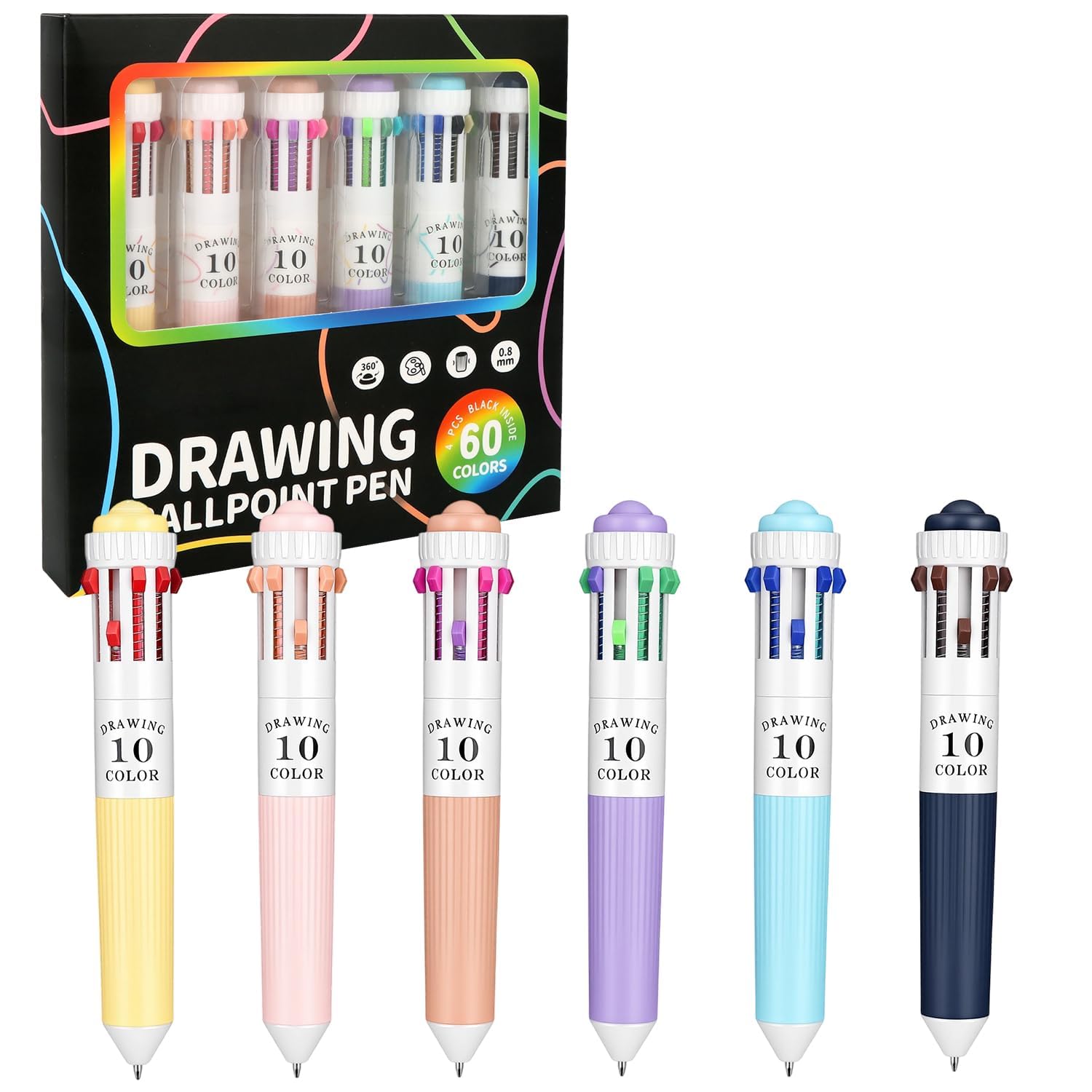 MOTIBACK 6 Pack Retractable Multi Colour Pen, 60 Colors Pens Multipack
