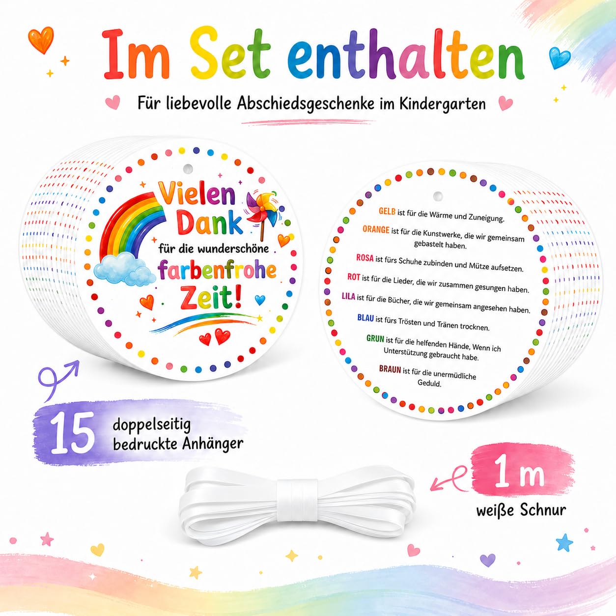 15 Stücke Abschiedsgeschenk Kindergarten Set, Anhänger Mit 2m Band, Buntes Abschiedsgeschenk Erzieherin Mit Doppelseitigem Druck, Einschulung Geschenk Abschied Für Die Kita