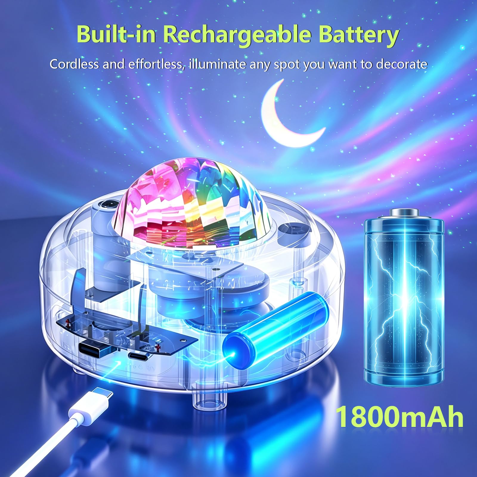 HUMIIEYE Projecteur d'étoiles avec haut-parleur Bluetooth, veilleuse à piles 1800 mAh, projecteur de galaxie, projecteur d'aurore boréale avec lune, éclairage d'ambiance pour chambre à coucher