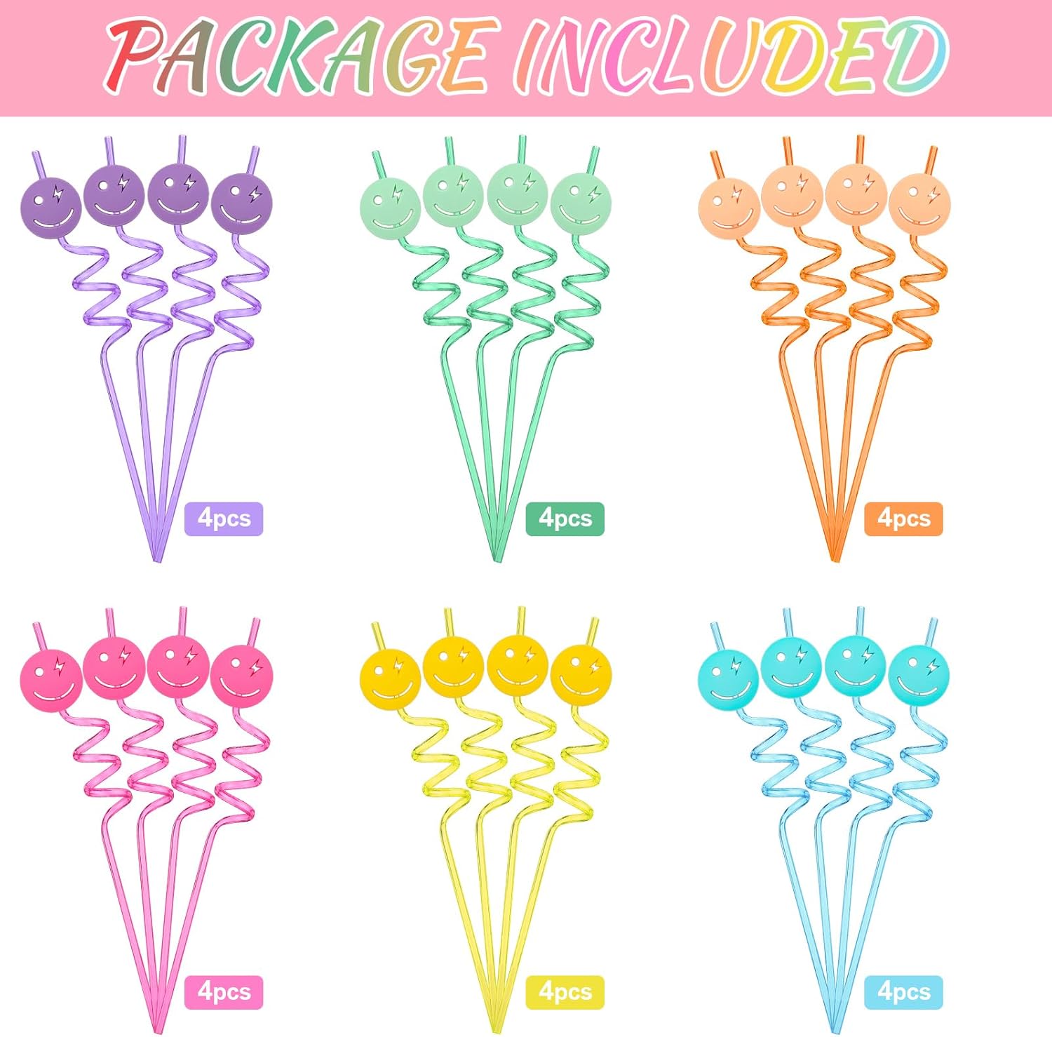 24 Pack Pastel Smile Reusable Straw Set One Happy Dude Birthday Smile Face Party Decorations Pastel Party Favor Preppy, Bachelorette, Baby Shower Supplies - Image 2