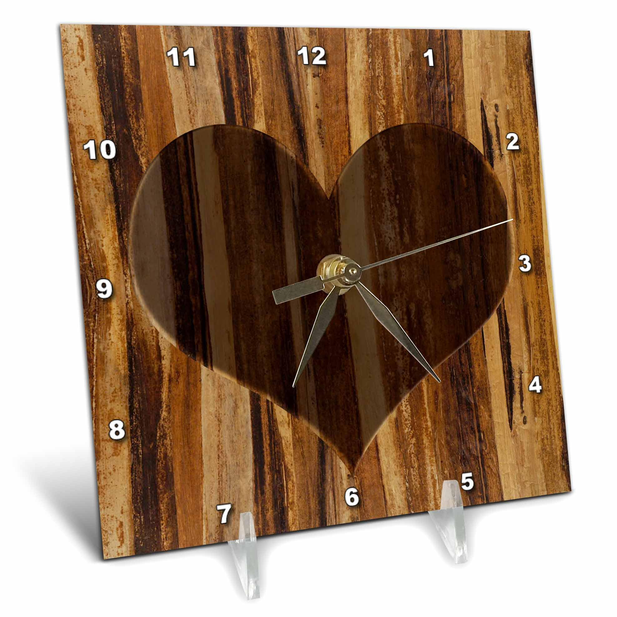 3dRose 6x6 Desk Clock - Branded Wood Print Heart Designs Prints and Patterns
