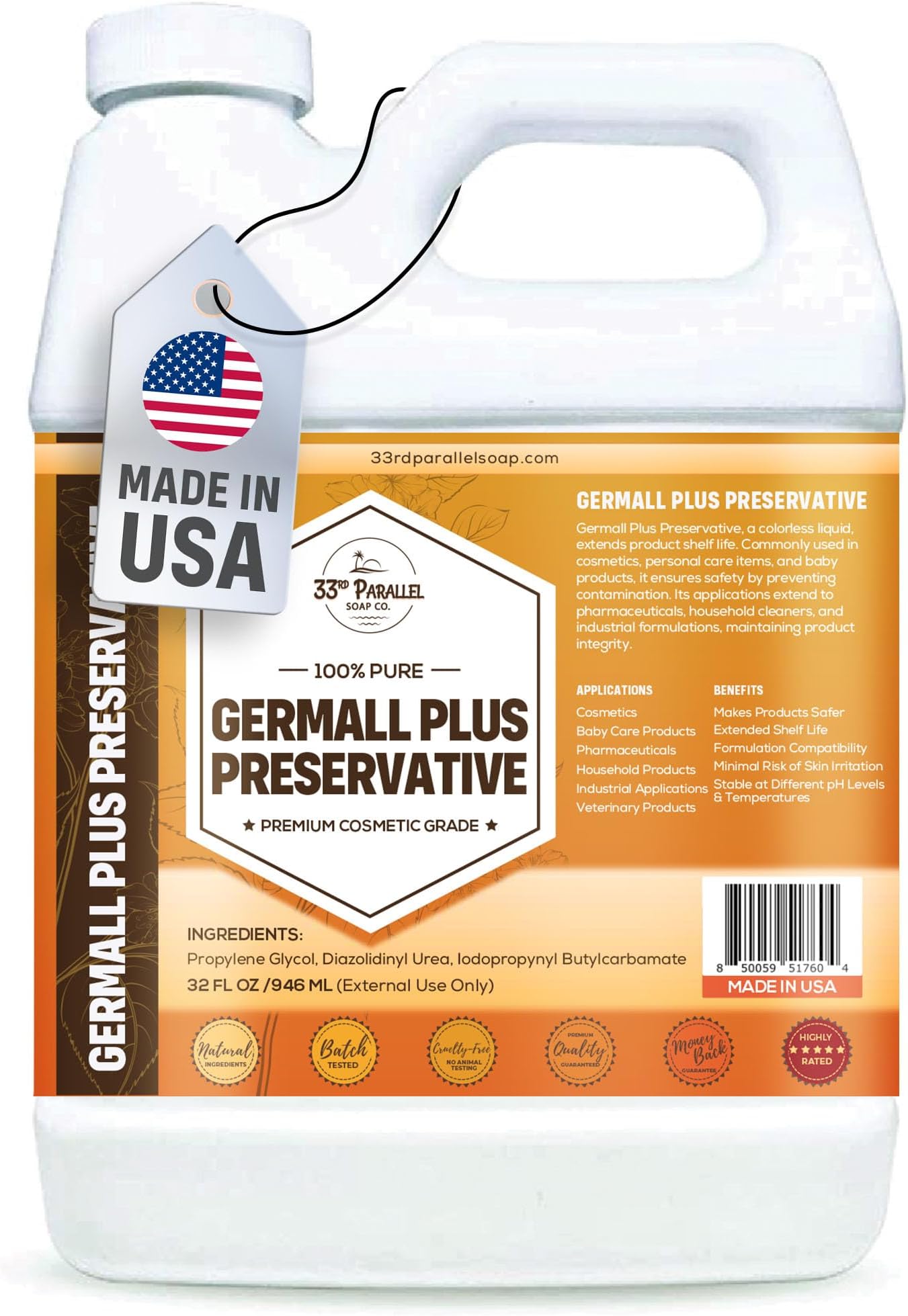 - GERMALL PLUS PRESERVATIVE Liquid ( 32 oz ) Paraben-Free; Formaldehyde-Free; Water & Oil Soluble | Suitable for Soap Making, Lotions, Conditioners, Creams | Keeps Products Fresh & Safe | 32 OUNCES