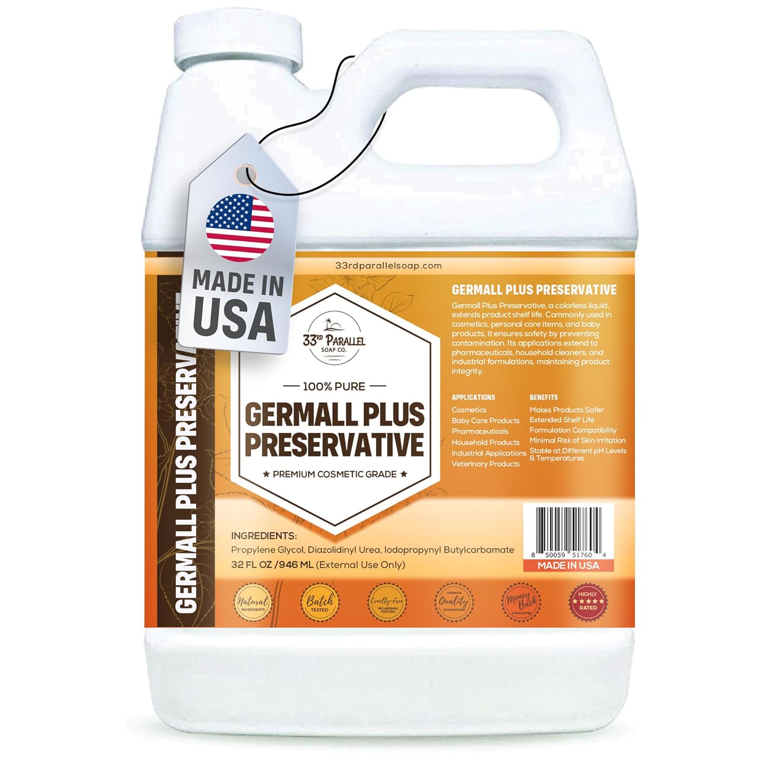 GERMALL PLUS PRESERVATIVE Liquid ( 32 oz ) Paraben-Free; Formaldehyde-Free; Water & Oil Soluble | Suitable for Soap Making, Lotions, Conditioners, Creams | Keeps Products Fresh & Safe | 32 OUNCES