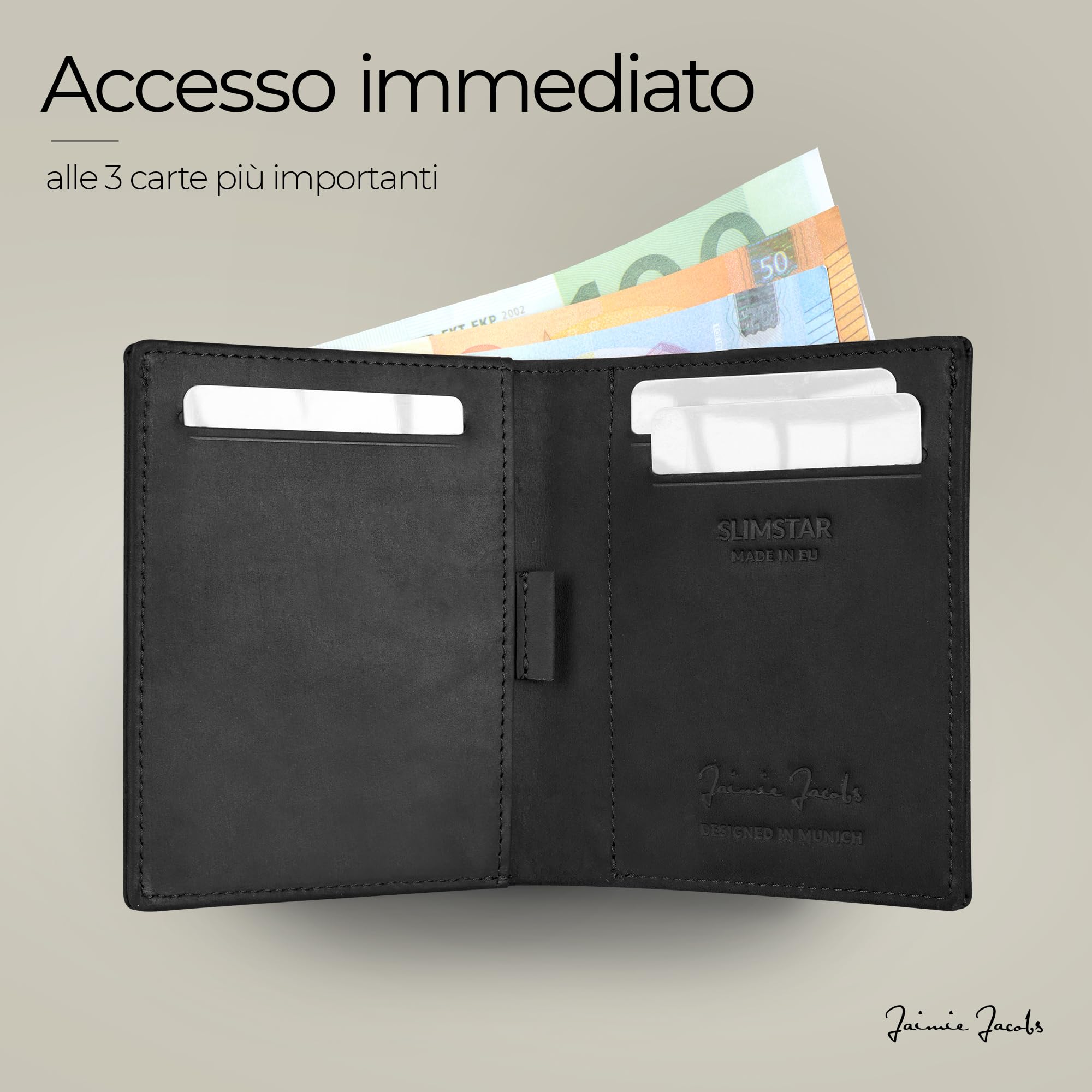 Jaimie Jacobs SLIMSTAR Portafoglio Uomo Piccolo con protezione RFID Porta Carte di Credito (Vano Apple AirTag, Pelle Di Bufalo Nero)