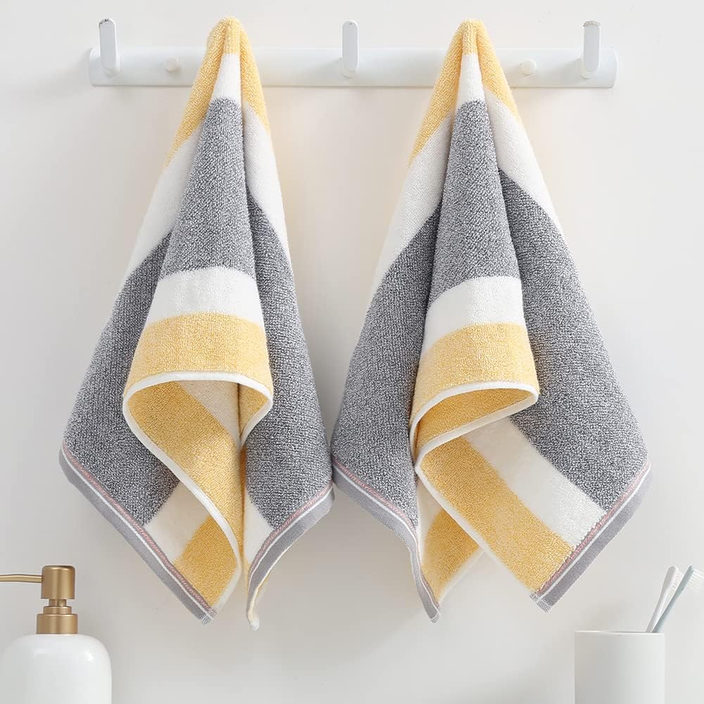 sense gnosis Yellow & Grey Striped Hand Towel Set of 2 Ultra Soft 100% Cotton Absorbent Decorative Hand Towels for Bathroom, 13" X 29"
