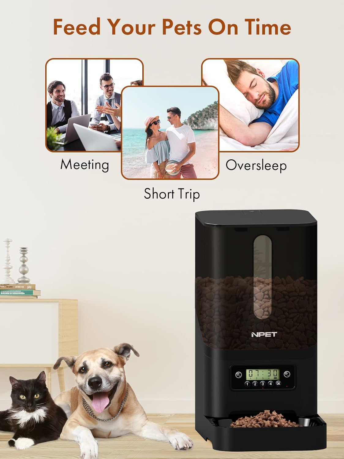 NPET Automatic PET Feeder with a dog and cat, highlighting convenience for pet owners