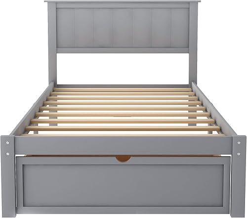 Miniatura 4 de P PURLOVE Base de cama individual, cama de plataforma de madera maciza con cabecero, marco de cama de almacenamiento con cajón, soporte de listones