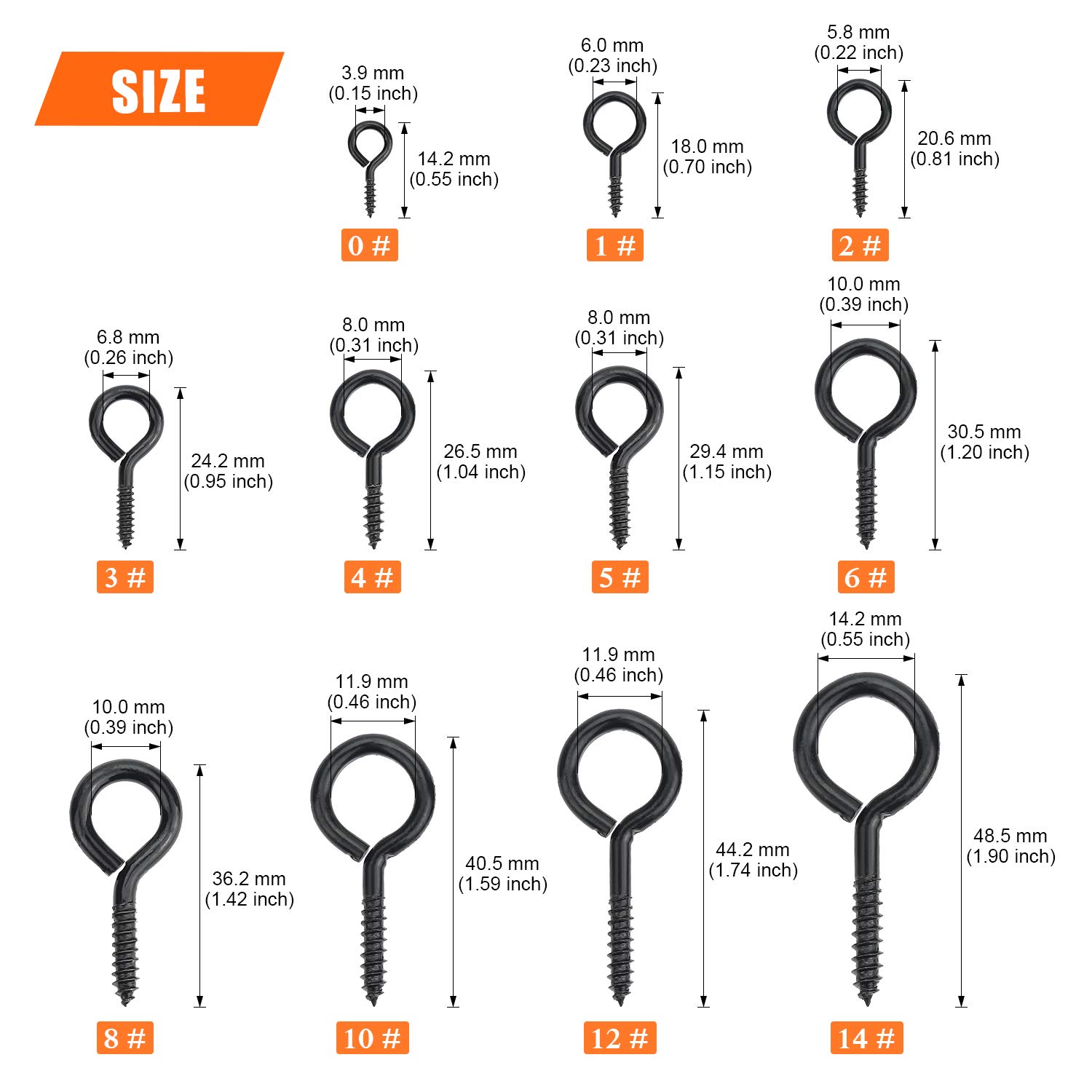 Up To 40% OFF HELIFOUNER 200 Pieces 11 Sizes Black Zinc Plated Steel Screw Eyes Assortment Kit