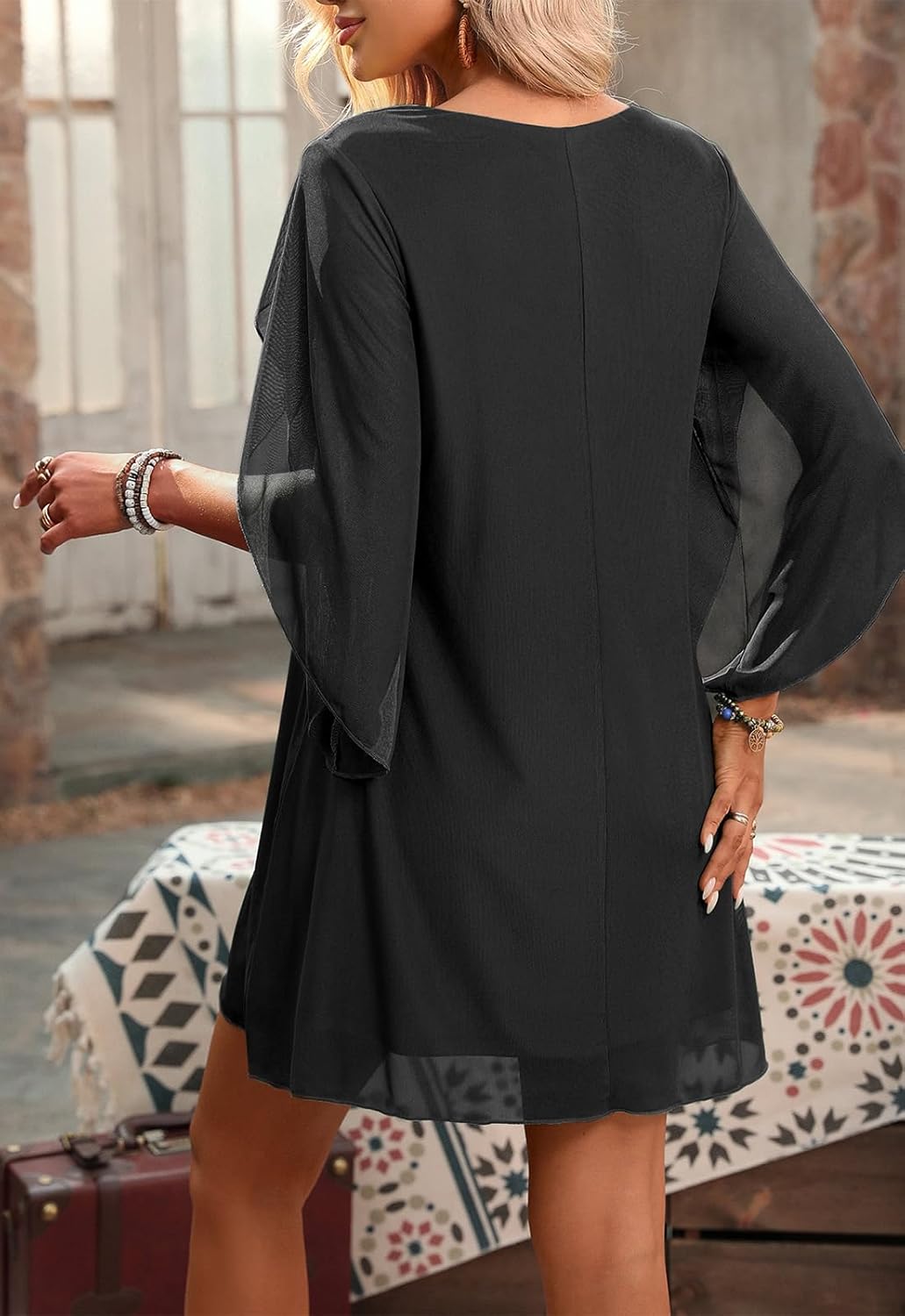 Women's Sparkly Cocktail Dresses for Wedding Guest Flutter Sleeve Loose Chiffon Party Dress (XS-XL) - Image 3