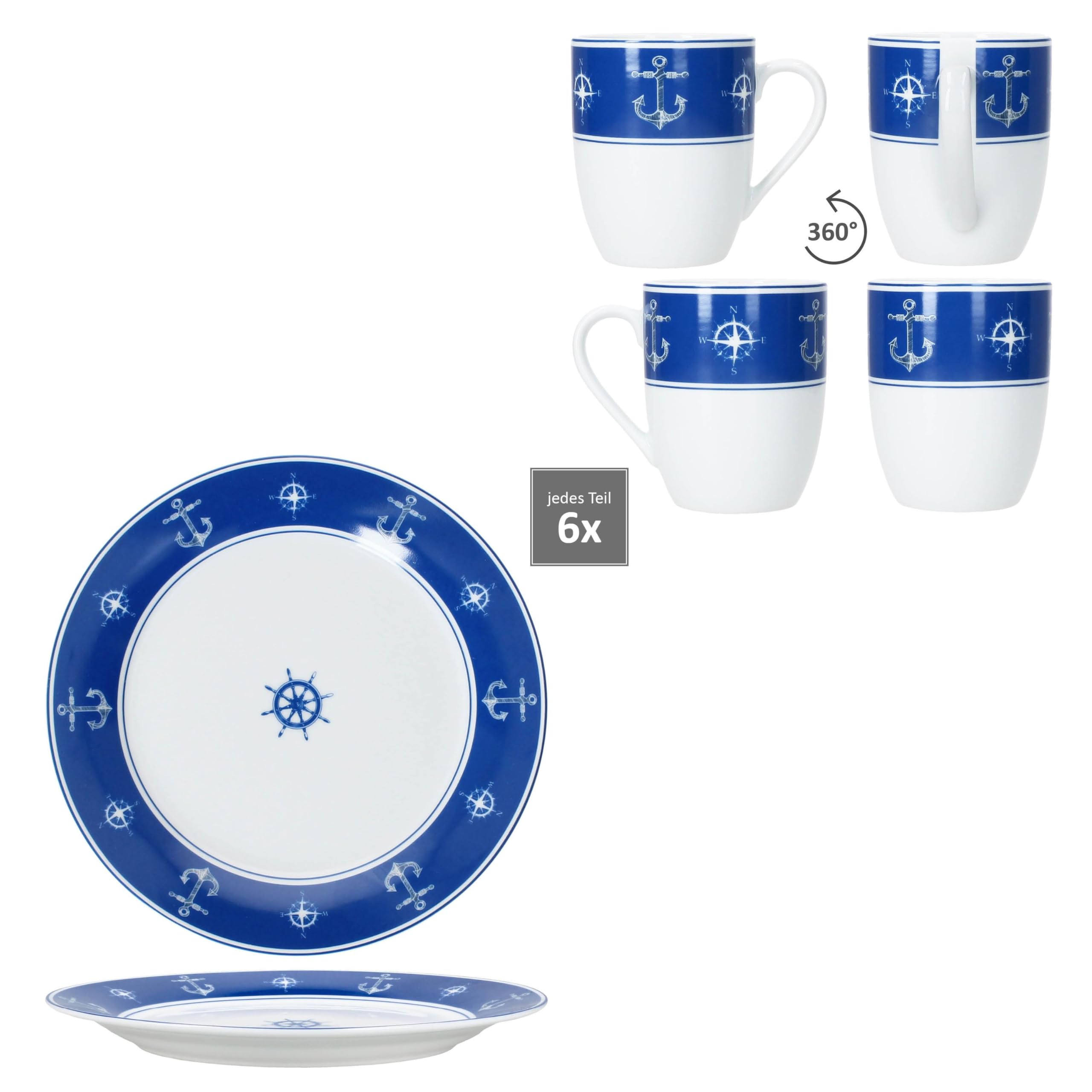 MamboCat Ahoi 12tlg Frühstücksset aus Porzellan I blau-weißes maritimes Design mit Anker & Steuerrad I je 6x Kuchenteller & Kaffeebecher für 6 Personen | Frühstück & Kaffeezeit