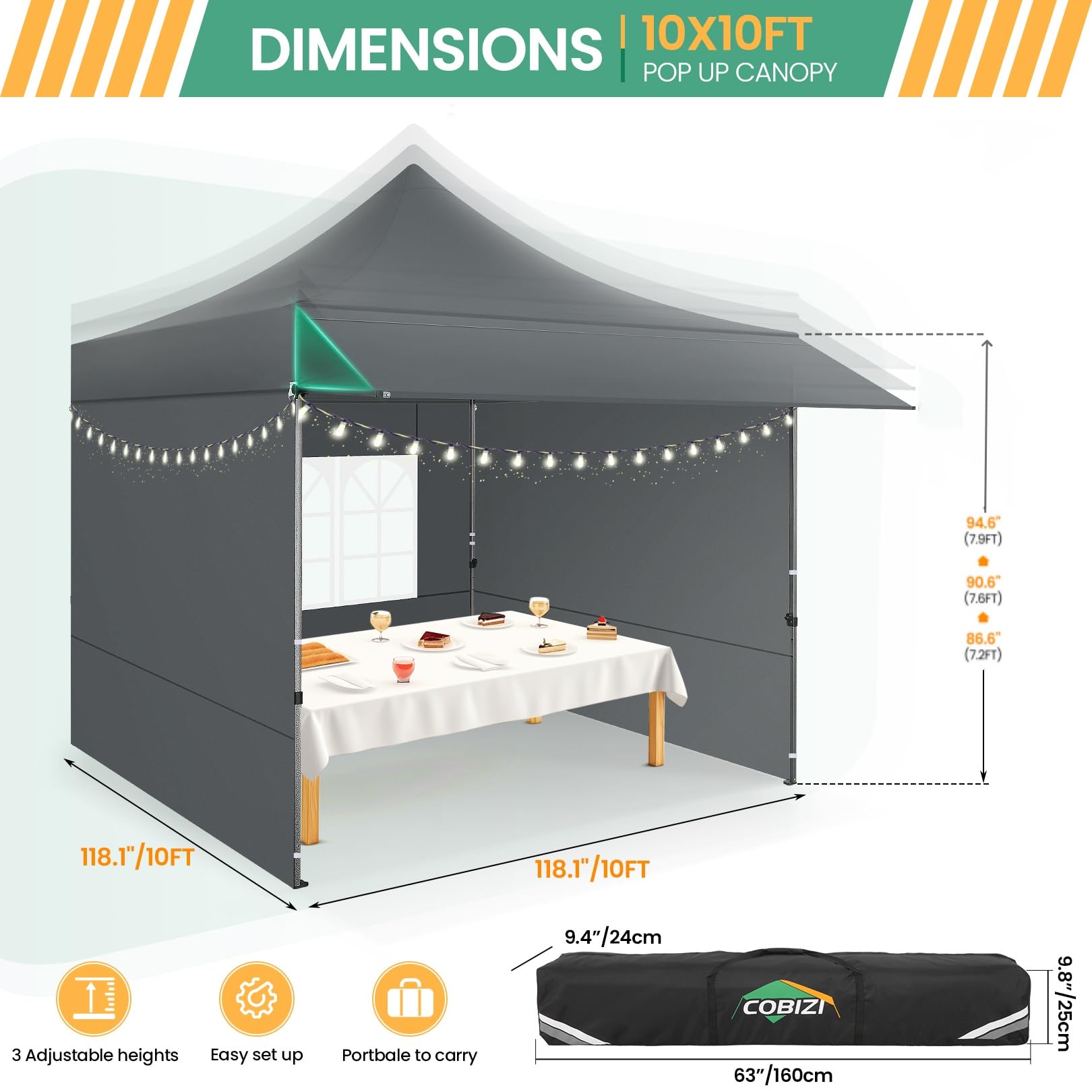 COBIZI - Tienda con Dosel Pop-up de 3 x 3 m con toldo y Paredes Laterales, Carpas comerciales de 3 x 3 m, Impermeable instantánea, Parasol UPF 50+, para Exteriores, Fiestas, mercados (Gris)