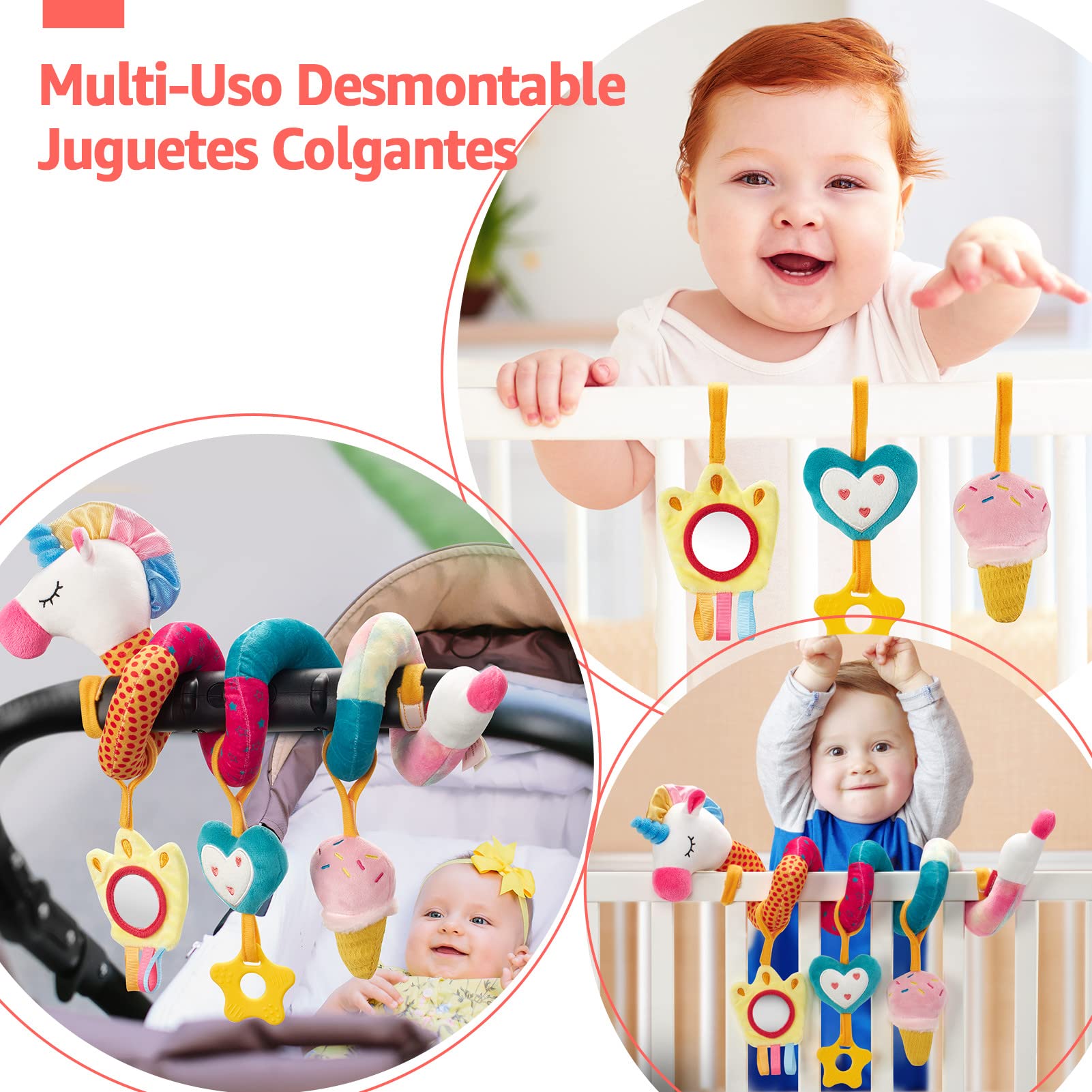 hahaland Colgantes para Cochecitos Juguetes Bebes 0 3 6 12 Meses, Espiral Actividades Juguetes Colgantes con Mordedor y Sonajero, Suave Peluches para Bebes Niños y Niñas Regalos Originales