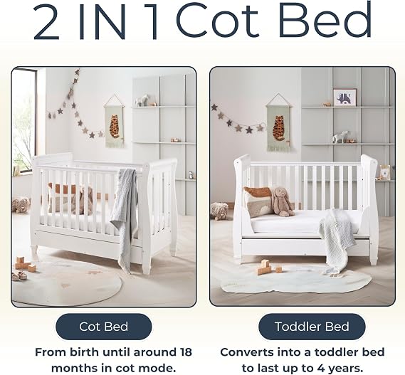 Babymore Eva 2 Piece Nursery Room Set White - 1 Baby Cot Bed & 1 Chest Changer With 3 Double Handle Drawers, Wooden Chest Of Drawer Storage Cabinet | 2 Piece Nursery Room Furniture White