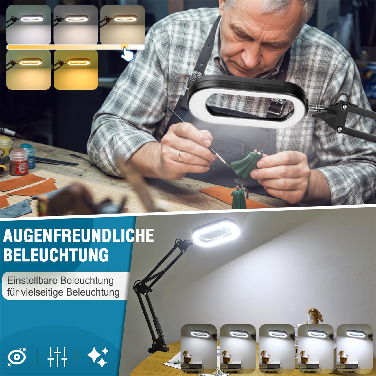 Veemagni Rectangular 12X Lupa con Luz y Soporte, 5 Modos de Color Regulable sin Niveles, Lámpara de Escritorio 2 en 1 con Iluminación LED y Abrazadera, Manos Libres Lupa de para Lectura Afición