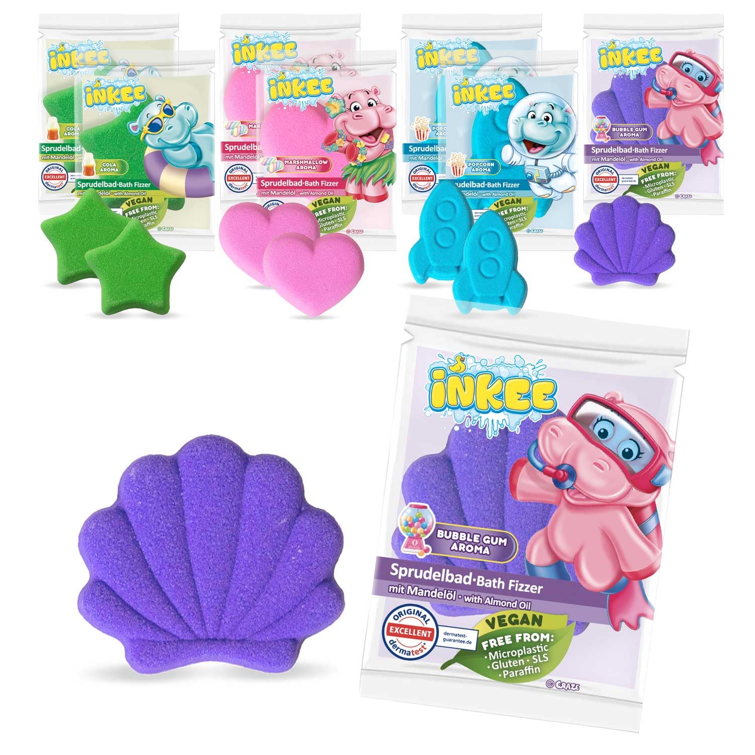 INKEE Fizzer Mix Bundle of 4 - Bath Bombs for Kids, Colour Changing Bath additive with Almond Oil, 4 Different, Fragrances and Shapes - 4X 20g