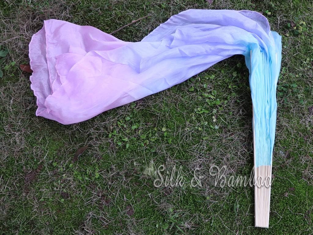 Winged Sirenny Pair Belly Dance Silk Flutter Fans 45"x41", Large Short Dancing fans for Events, Stage Performance, Theatre, & Flow arts, Carry Bag Included (Whispered Dawn)