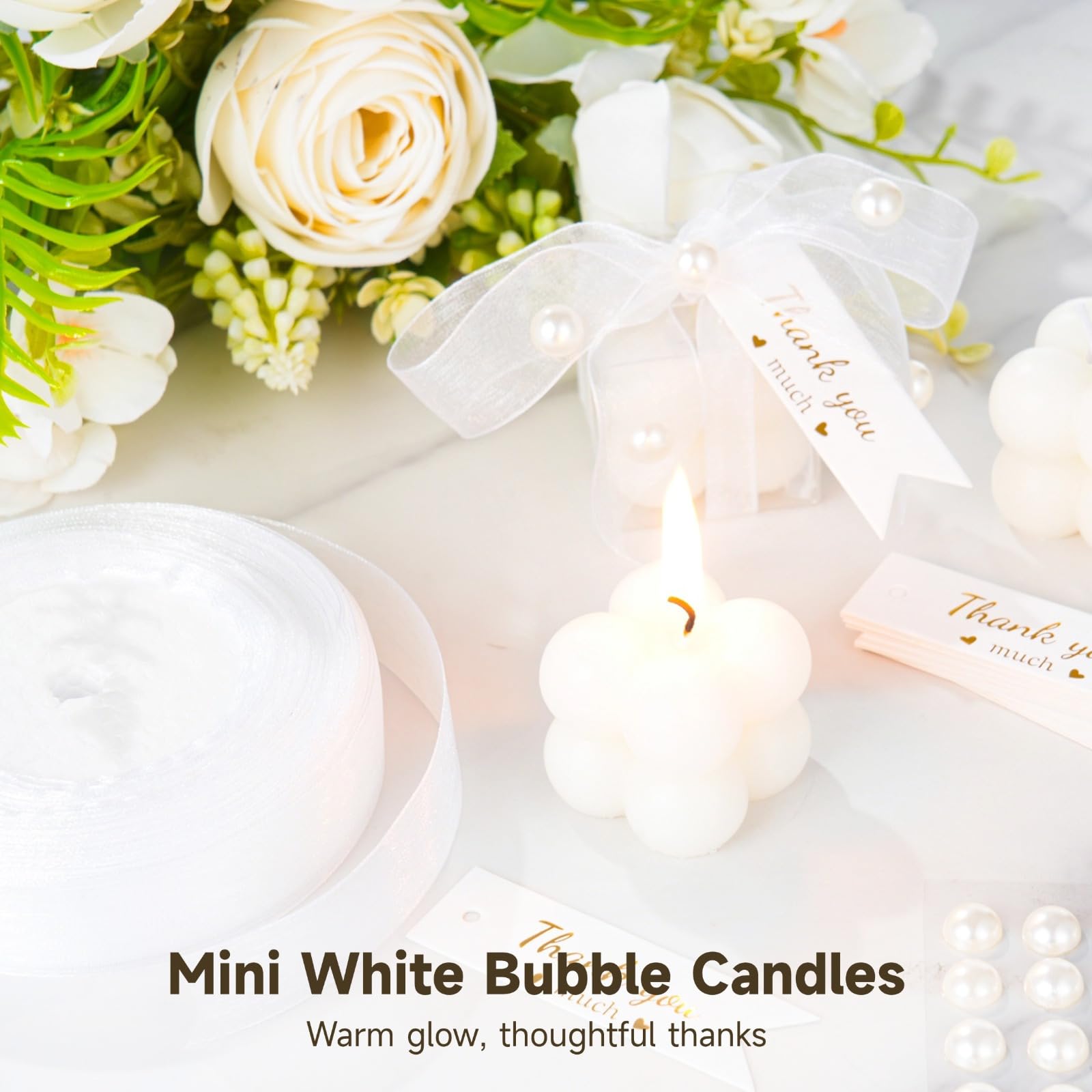 32 Stück weiße Mini-Kerzen, Hochzeitsgeschenke für Gäste, mit 35 Dankeskarten, Band, Aufklebern, Schere, für Hochzeit, Brautparty, Taufe