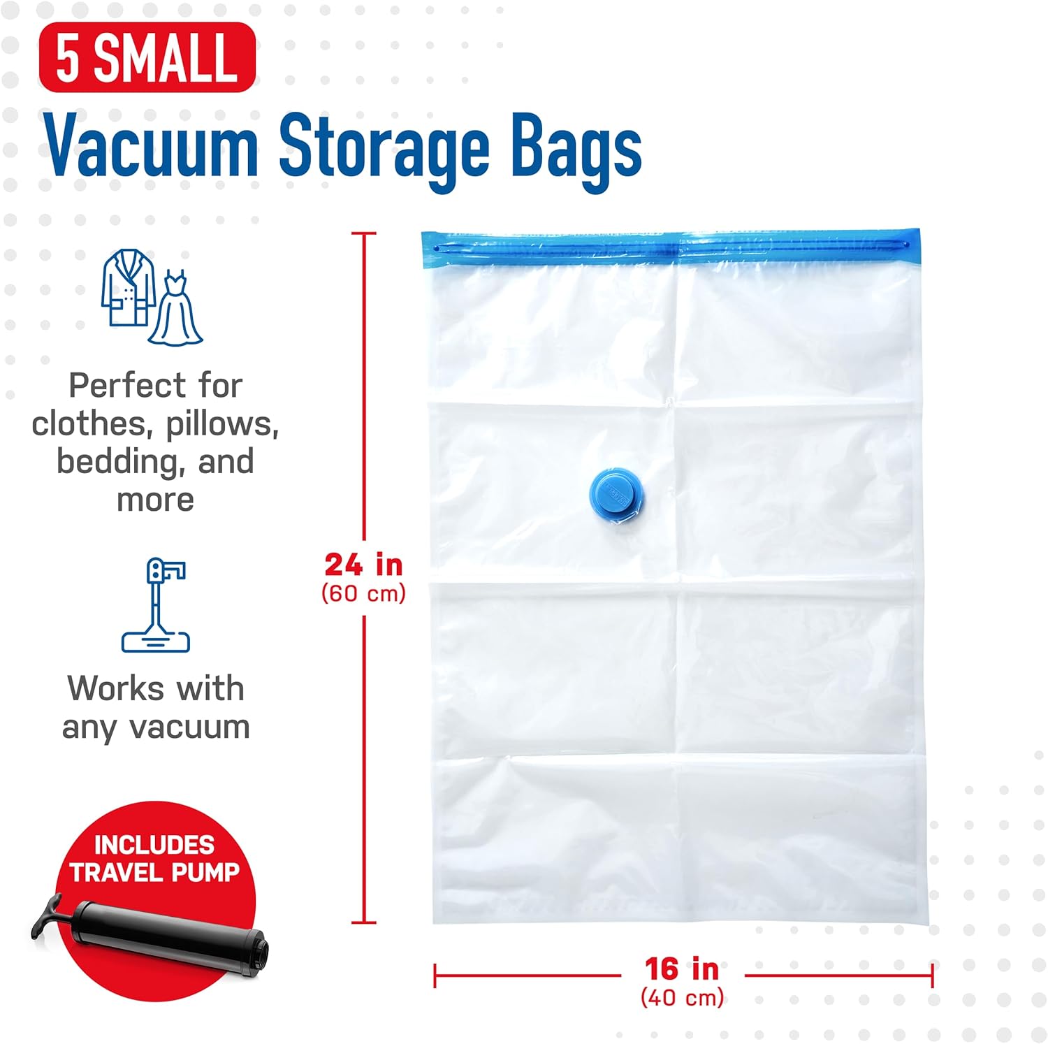 5 Pack Small Vacuum Storage Bags for Comforters, Blankets & Clothes – Vacuum Sealed Compression Bags with Hand Pump – Space Saver Storage Bags for Bedding, Moving, Travel & Organization - Image 3