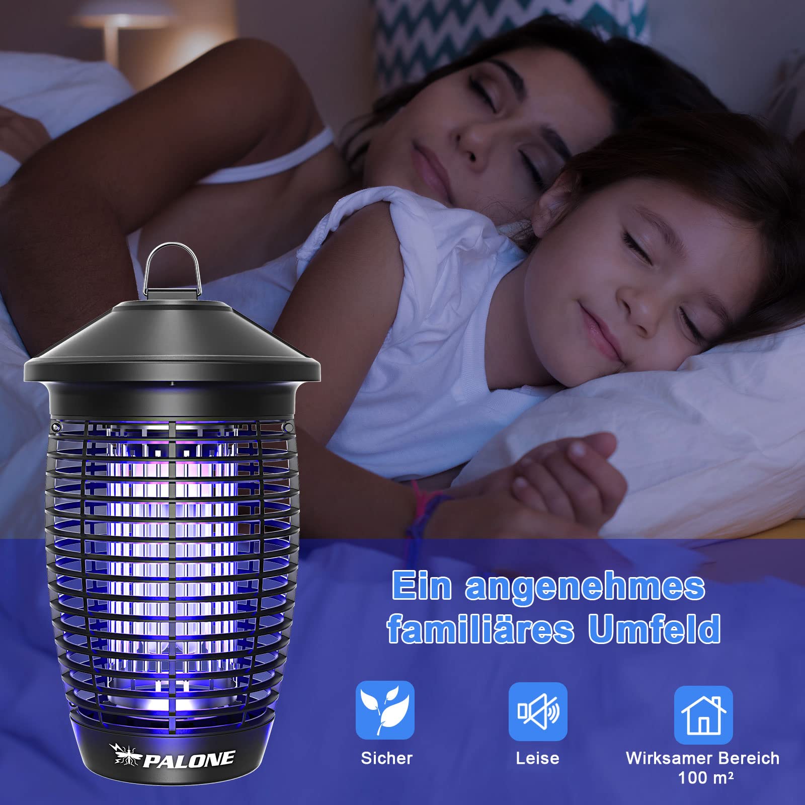 PALONE Elektrischer Insektenvernichter 20W 4500V, Insektenfalle Mückenlampe mit UV-Licht, Keine Giftigen Chemikalien, Wirksam zum Reduzieren Fliegender Insekten für Innen Schlafzimmer und Gärten
