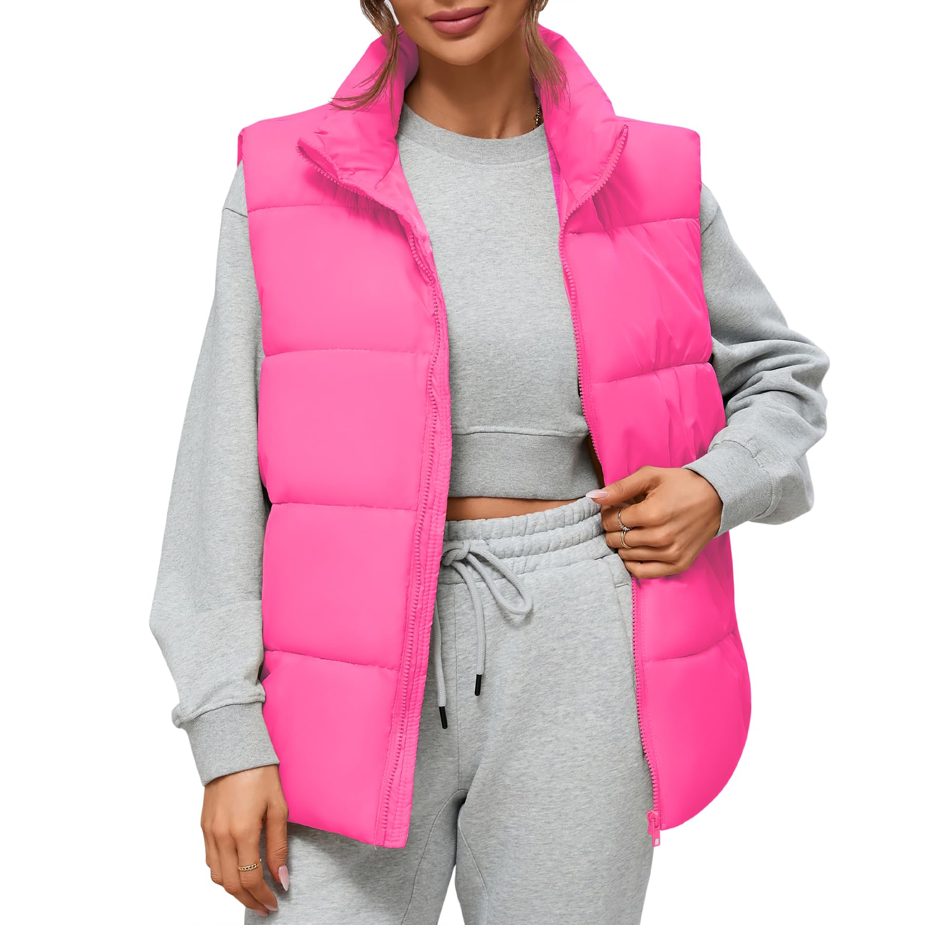 ZandoPuffer Vest Women Outerwear Vests Sleeveless Stand Collar Oversized Zip Up Padded Puffy Winter Gilet Jacket Coat