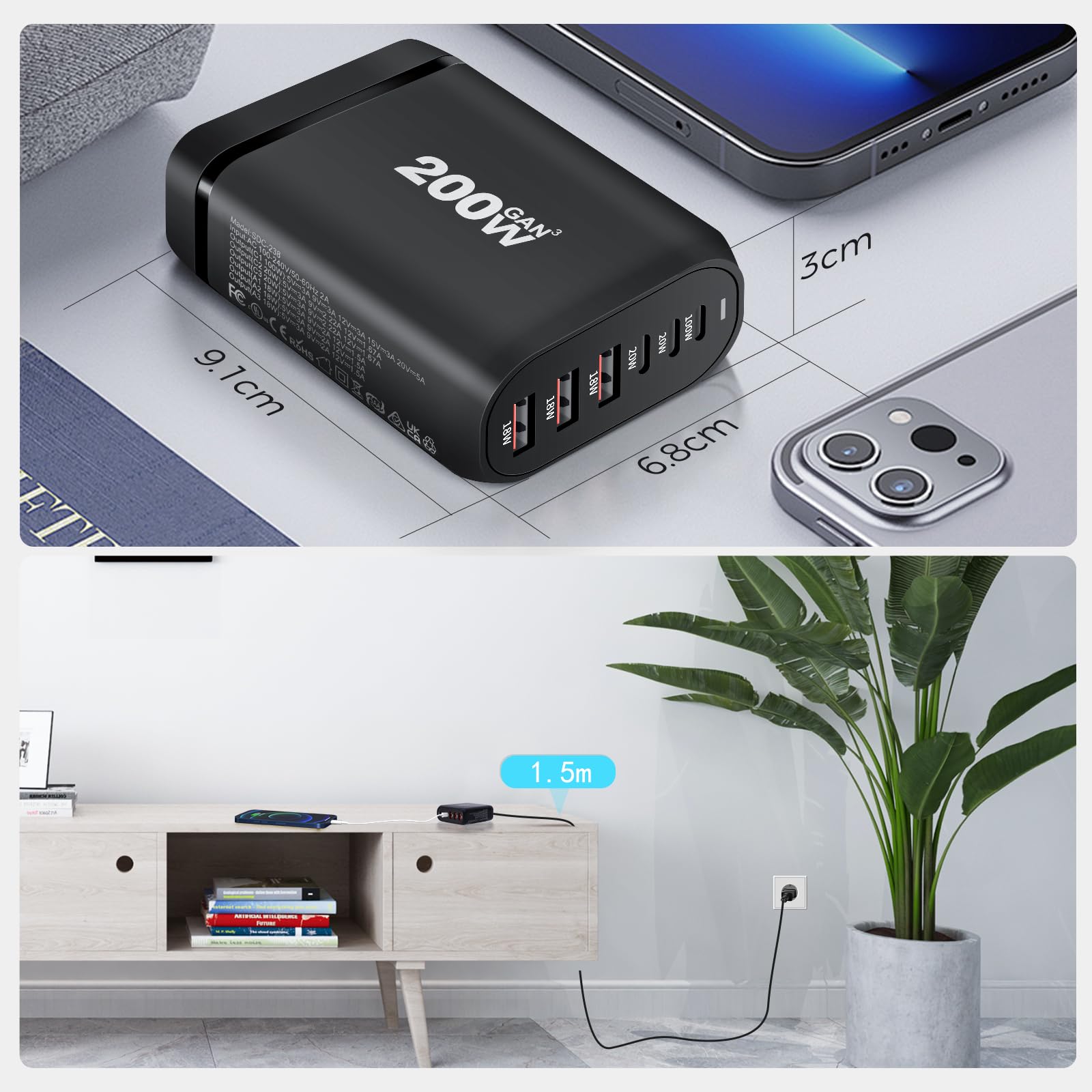 200W Caricatore USB C Multiplo, 6-Port Caricatore Multiplo USB C,100w Laptop Caricabatterie PPS PD QC Alimentatore GaN, Stazione di Ricarica USB Multipla per MacBook,Samsung,iPhone,Huawei