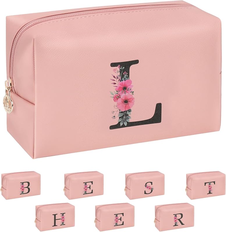 Necessaire de maquiagem onemoky com inicial e estampa floral, rosa, modelo Z1137