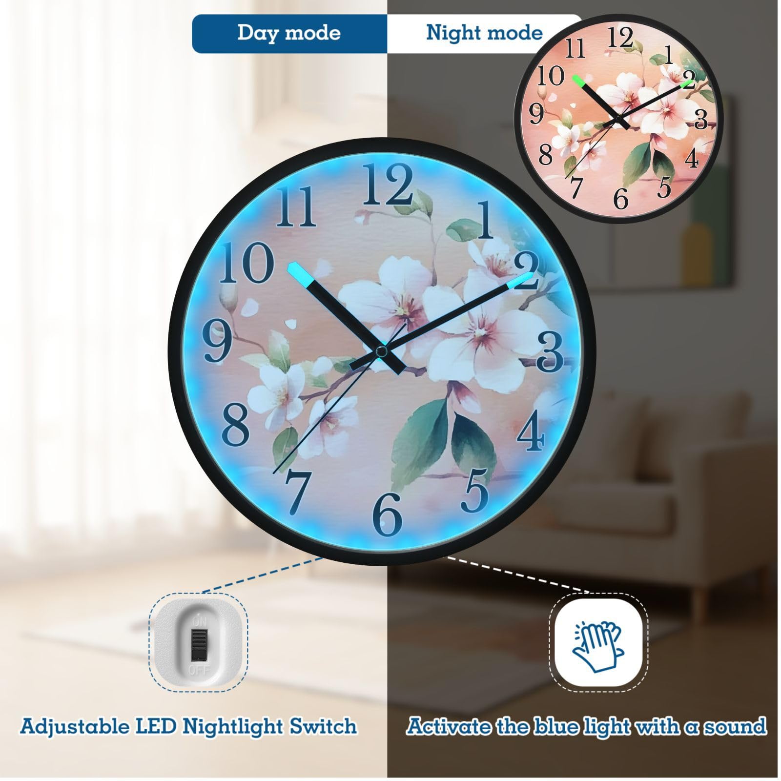 Mnsruu Reloj de pared luminoso con diseño de flores de cerezo, melocotón rosa, teñido anudado, reloj de pared que brilla en la oscuridad, funciona con pilas, reloj de luz nocturna silencioso sin