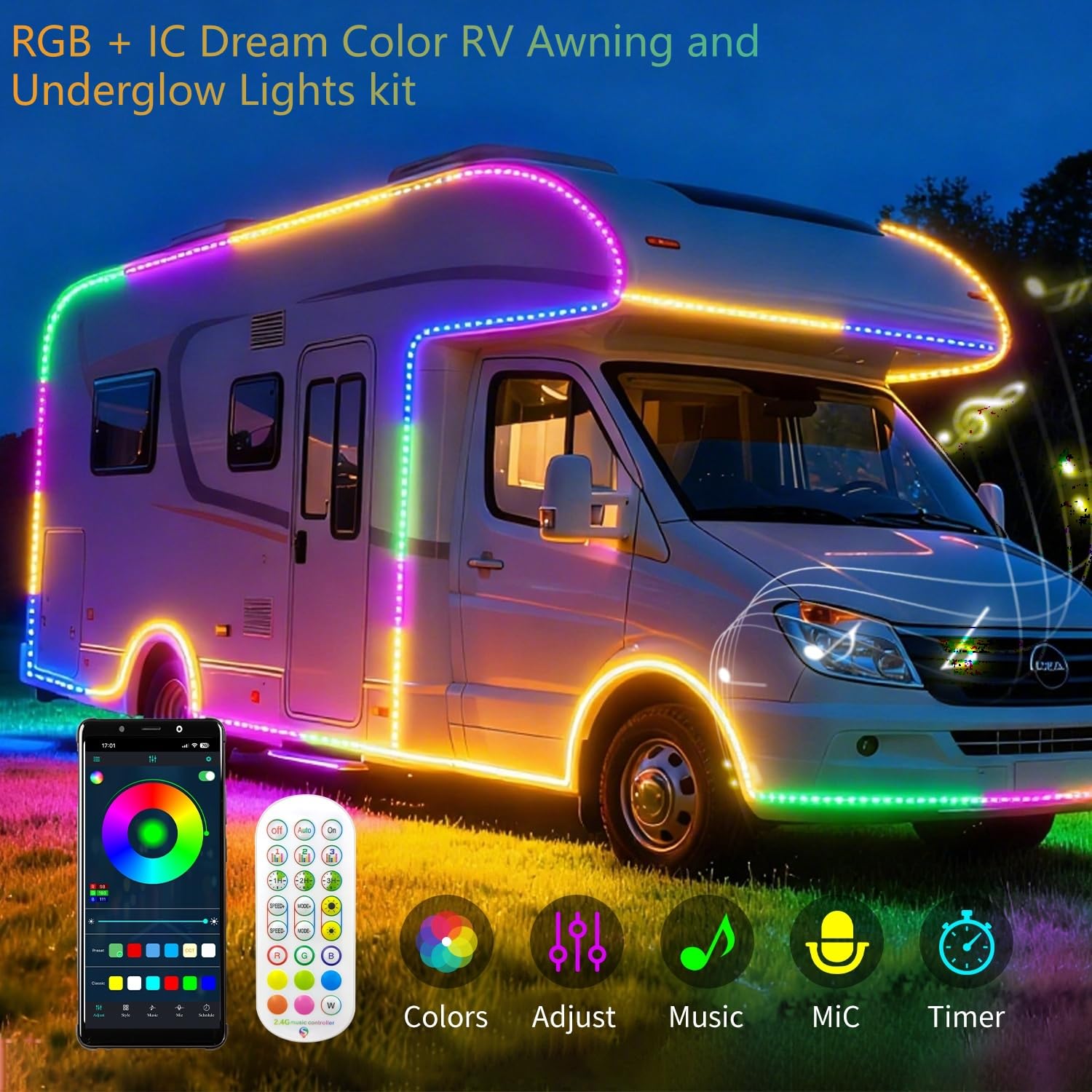 Bande lumineuse intelligente RVB + IC pour véhicule récréatif, 7,6 m – Couleur de rêve pour auvent de véhicule récréatif – 12 V – Étanche avec application/télécommande – Lumière