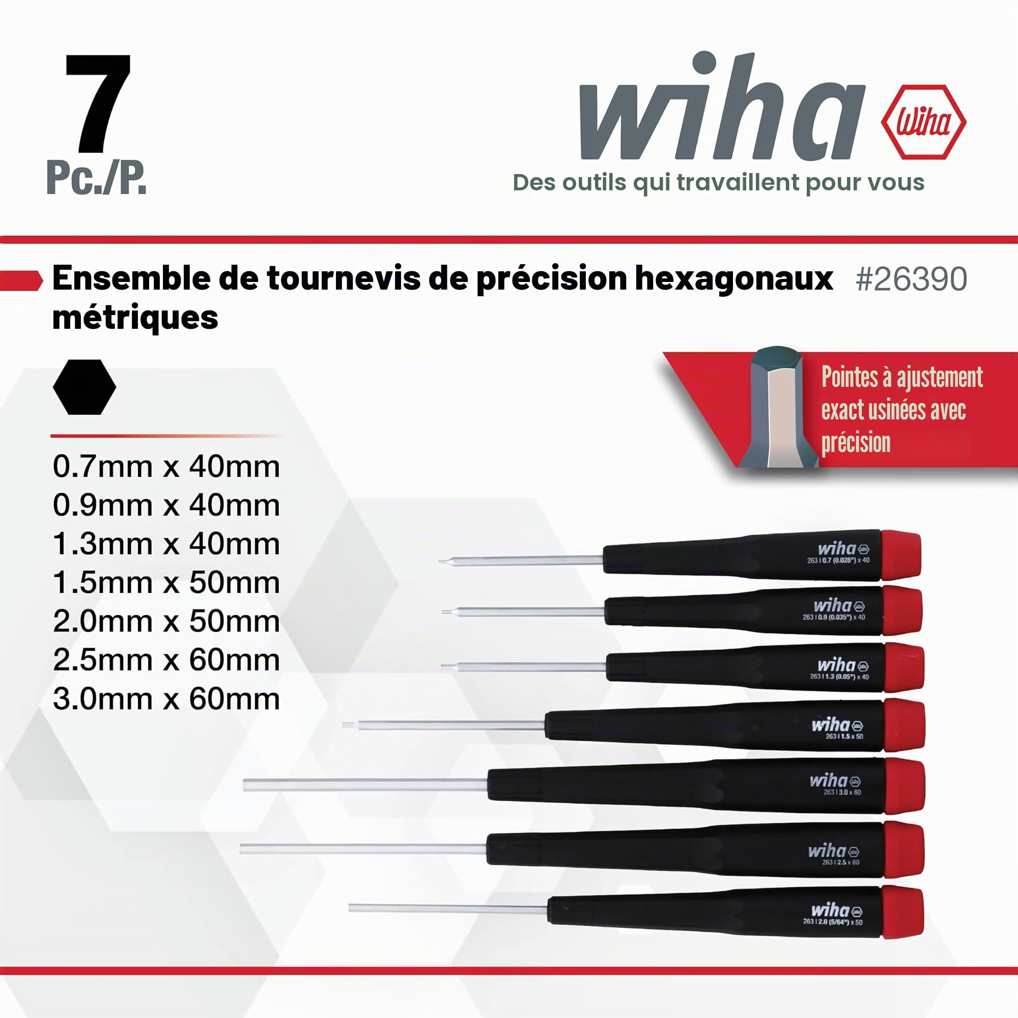 Wiha 26390, lot de 7 tournevis hexagonaux, poignée de précision de 0,7 à 3,0 mm