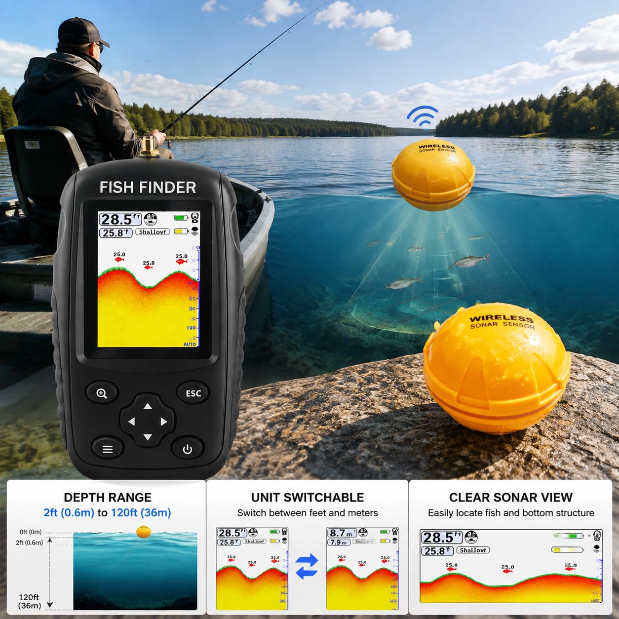 Localizador de Peces portátil de Mano Sensor de Sonar inalámbrico Localizador de Profundidad para entusiastas de la Pesca