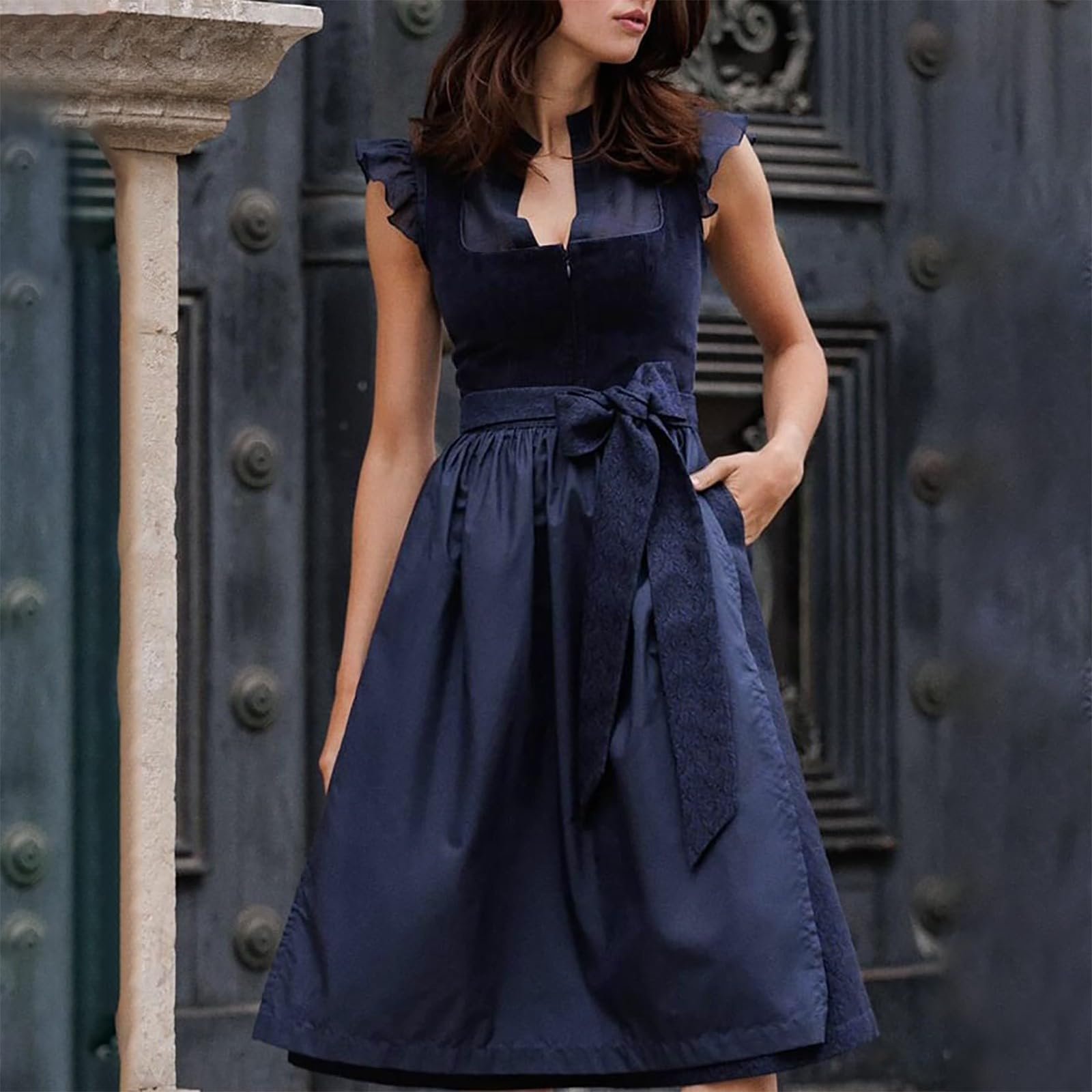 Dirndl Damen Midi Trachtenkleid - Schlicht Outfit Trachtenmode Vintage Set Elegant Kostüm Samt Blau Inkl. Dirndlschürze Karneval Oktoberfest Outfit