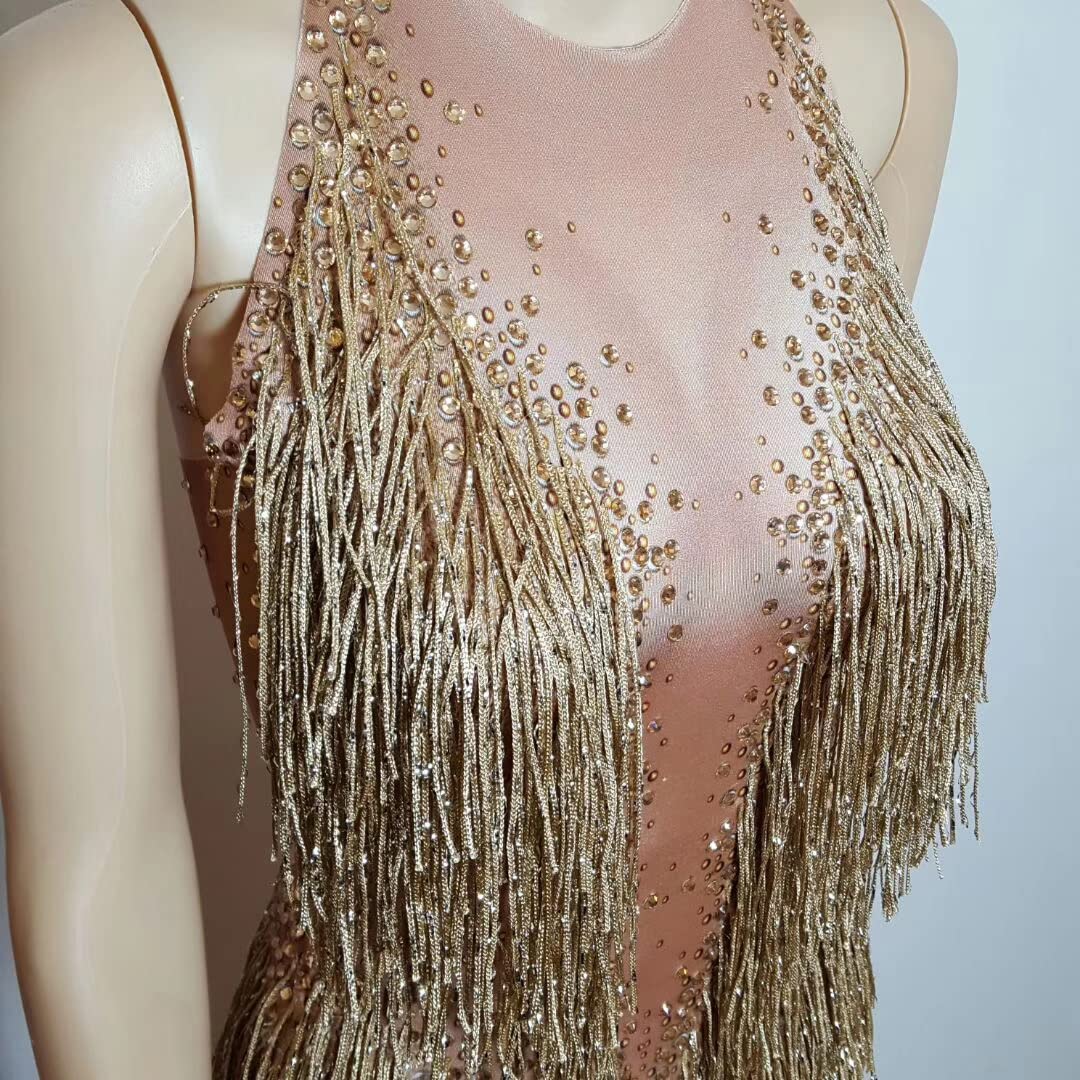 Body de diamantes de imitación dorado para mujer, con flecos, top de baile, leotardo, drag Queen, trajes