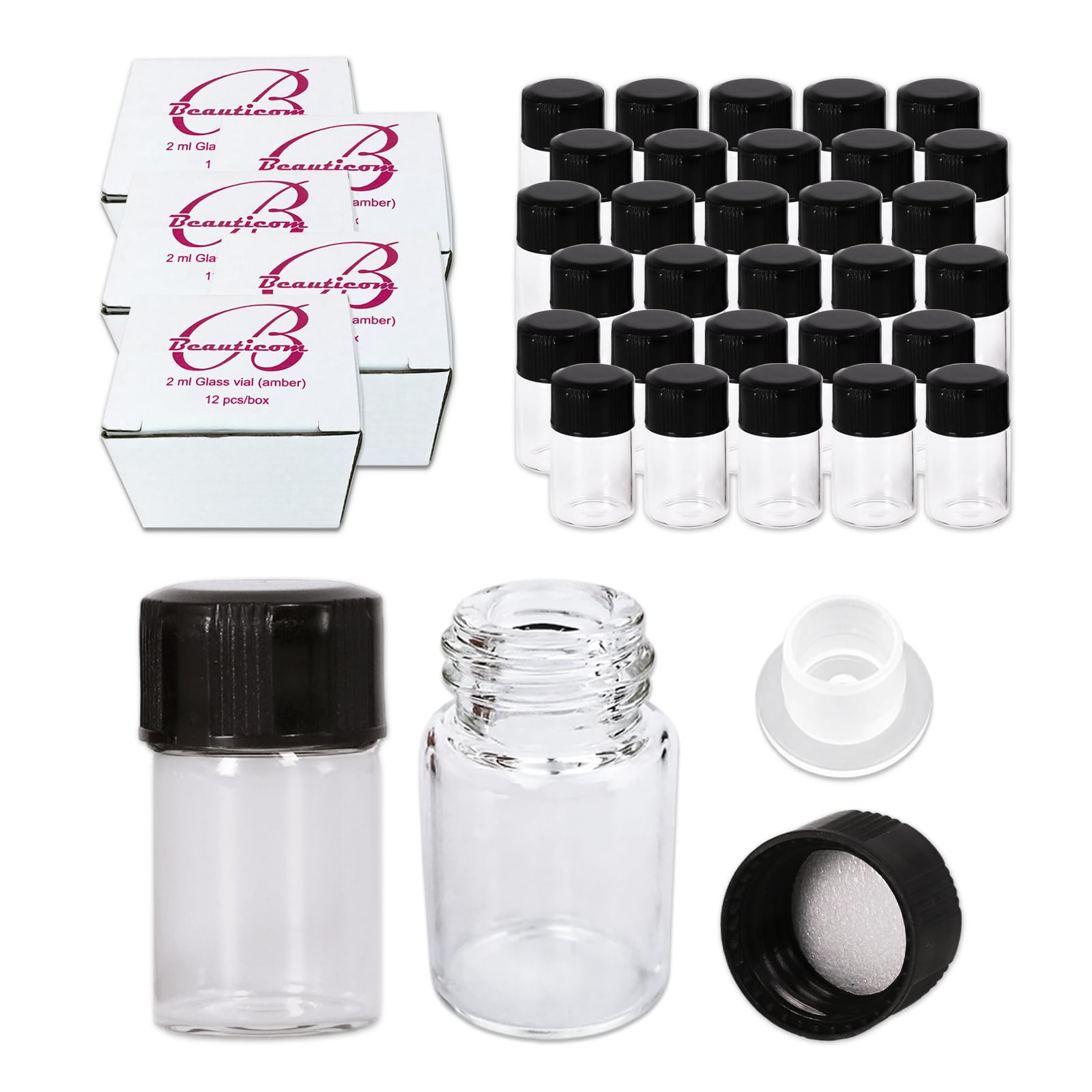 Beauticom 2ML Clear Glass Vial 60 Pieces with Orifice Reducer and Dropper Top