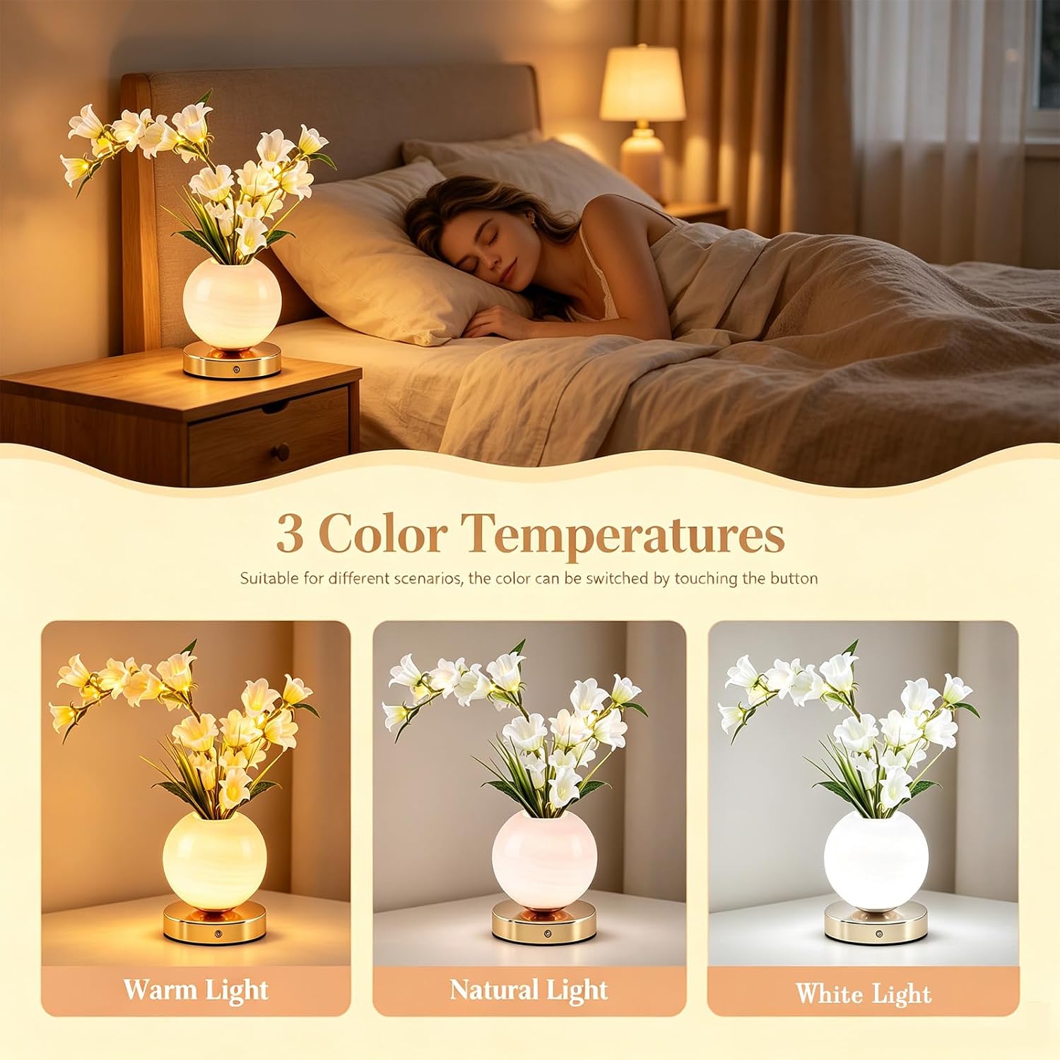 Bellflower Crystal Table Lamp, Dimmable 3 Color Bendable Floral Planet Vase Touch Night Light, USB Rechargeable Wireless Bedside Lamp for Bedroom Decor, Gift for Woman (Bellflower-White) image 3