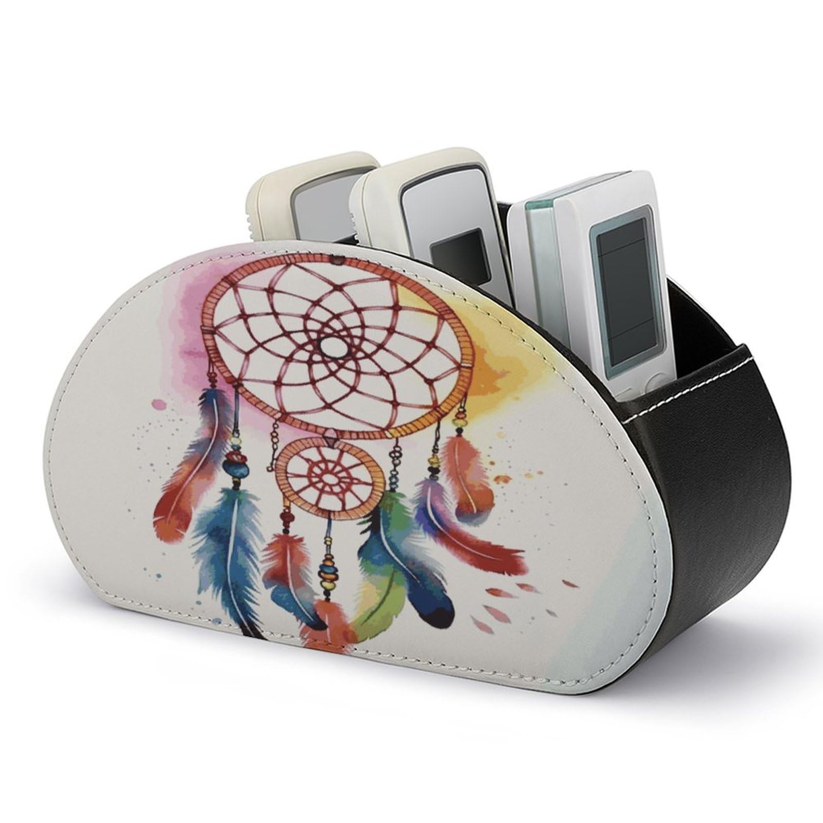 FekiLoot Watercolor Dream Catcher Remote Control Holder, PU Leather Remote Control Organizer Box Stationery Remote Control Box Desk Storage Organizer for DVDs,Glasses,Pens,Media Players