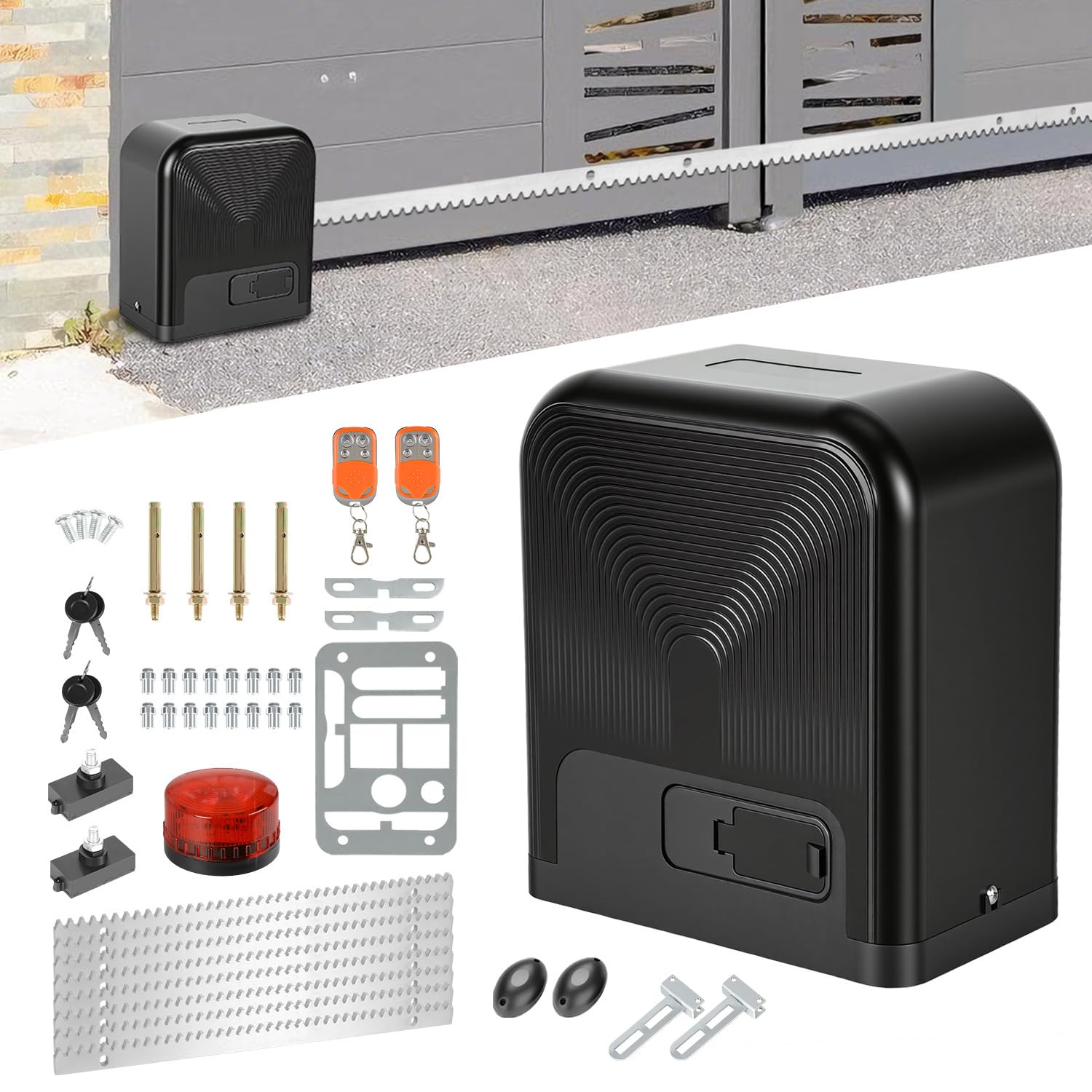 Napęd do bramy przesuwnej WiFi Bluetooth 370 W, nośność 800 kg, wodoszczelność IP44, z pilotem zdalnego sterowania, kluczem, czujnikiem podczerwieni i lampką ostrzegawczą, elektryczny otwieracz drzwi