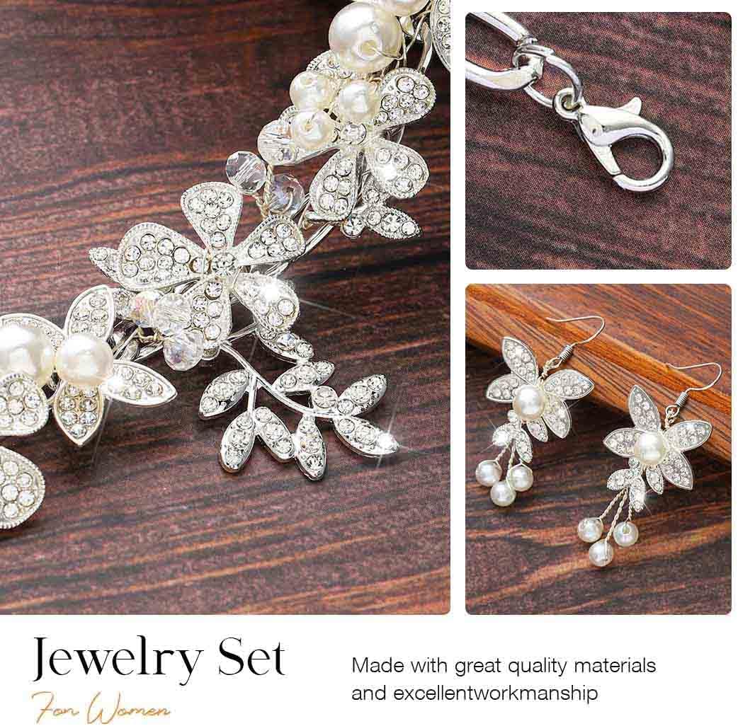 Unicra Crystal Flower Bridal Wedding Jewelry Set Rhinestone Necklace Earrings Sets Pearl Formal Costume Jewelry for Women and Brides - Image 4